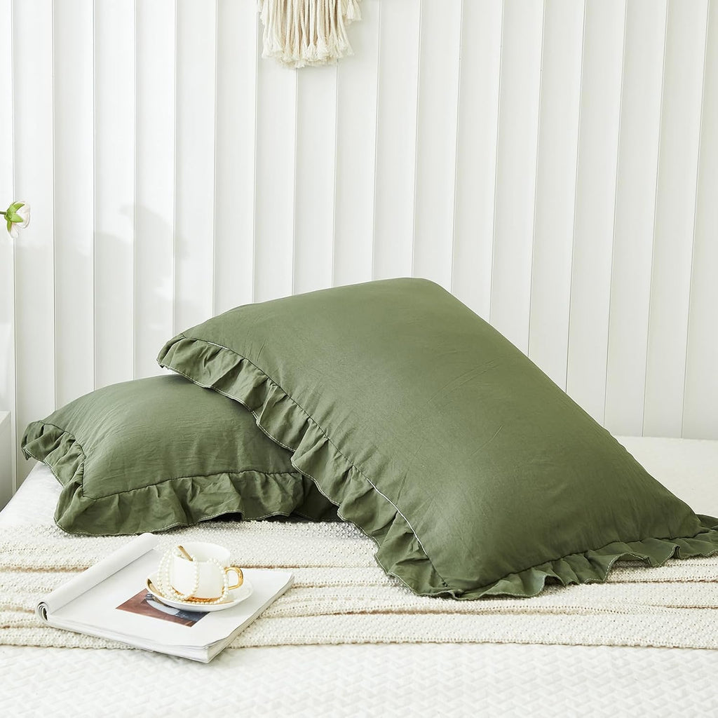 Merryword Olive Green Pillow Shams Dark Green Ruffle Queen Pillowcases Cute Pillow Cover Set of 2 Shabby Chic Soft Microfiber Pillowcases 2…