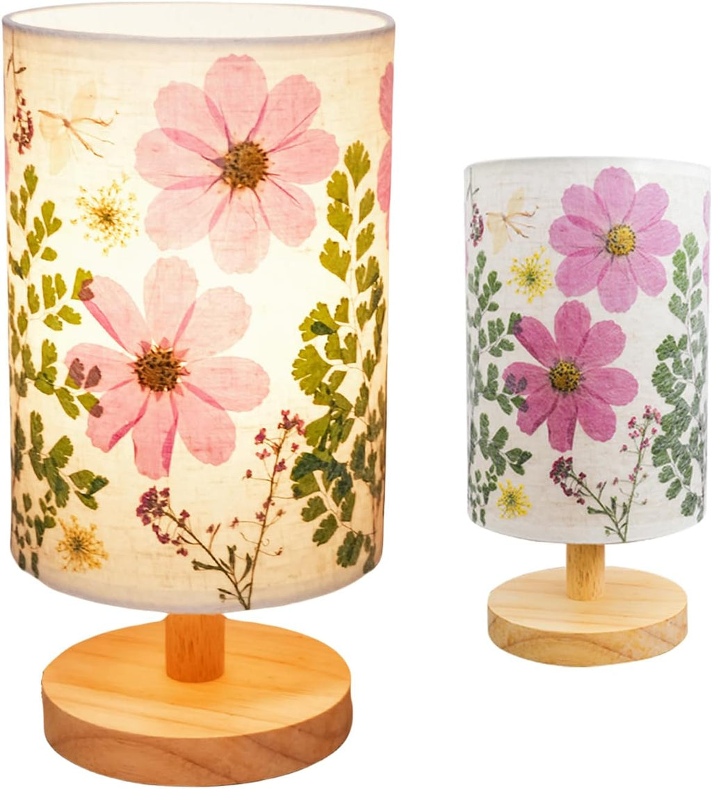 Dried Flowers Small Table Lamp 5W LED 3-Color Bedside Lamp Pressed Flowers Lampshade with Wood Base for Bedroom Living Room Desk Nursery