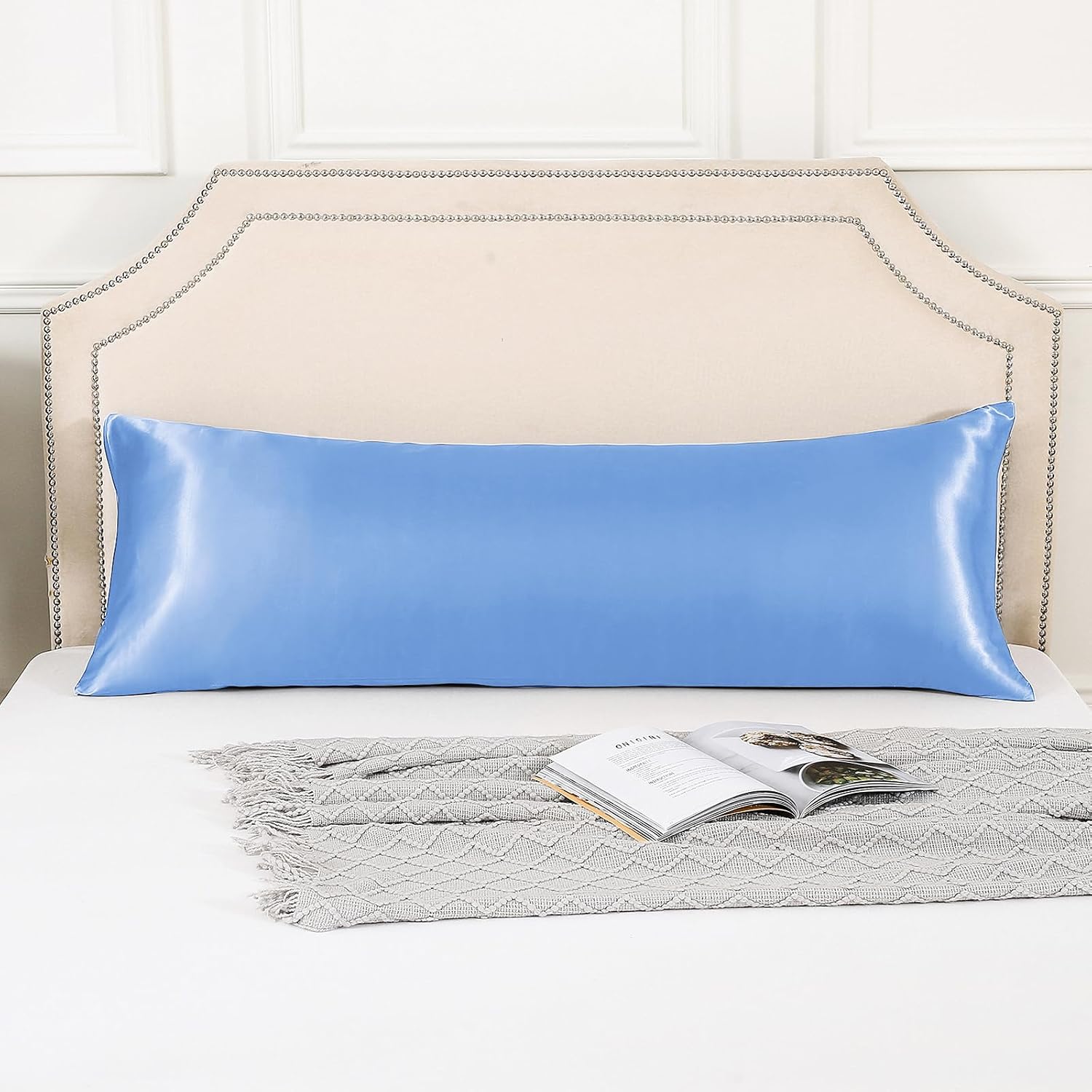 Huxmeyson Body Pillow with Satin Pillowcase, Body Pillow for Adults, Removable Cover, Light Blue (20"x54") 1 count Blue