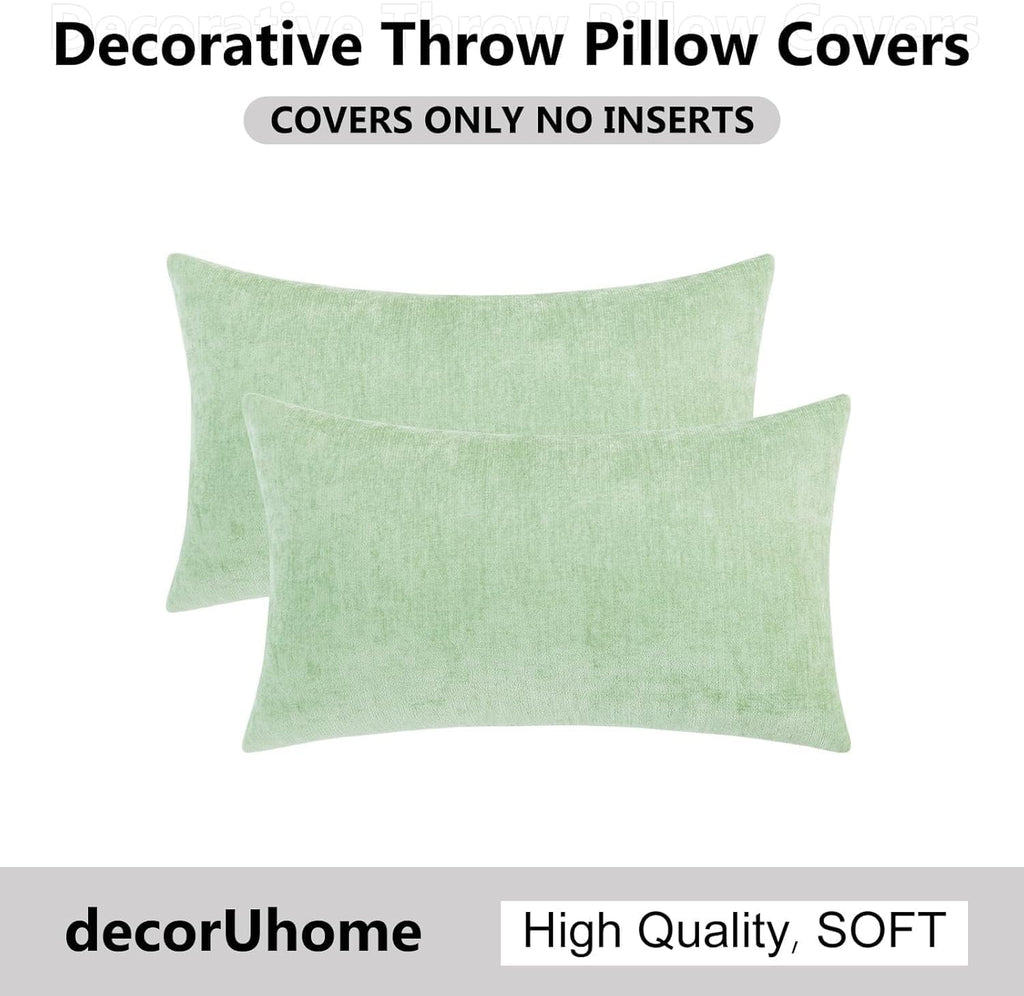 decorUhome Chenille Sage Green Summer Throw Pillow Covers 12x20 Inch Set of 2, Decorative Soft Couch Pillow Covers Solid Dyed Accent Farmho…