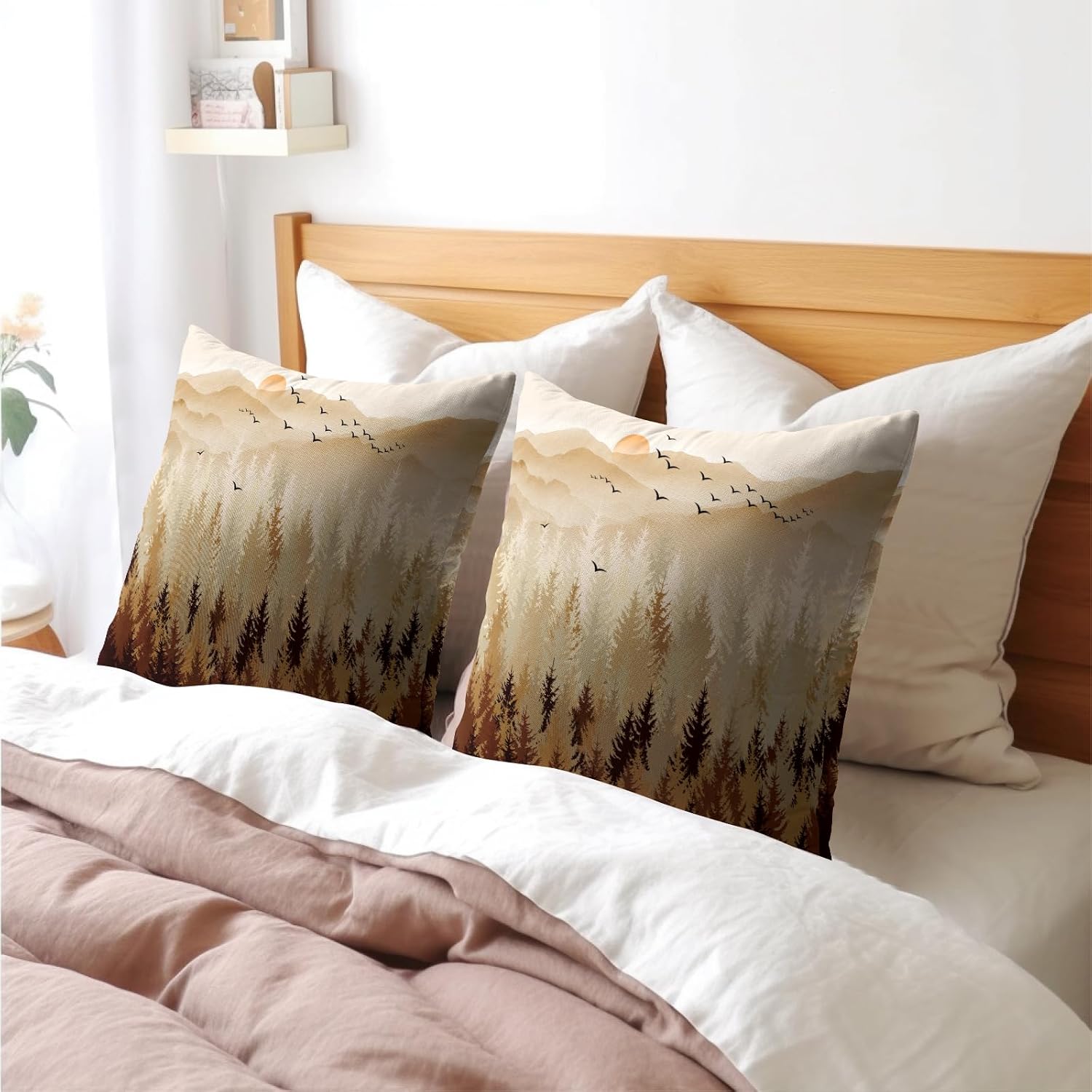 Fall Misty Forest Throw Pillow Covers 20x20 Inch Set of 2 Brown Mountain Woodland Decorative Pillow Cases Nature Pine Trees Farmhouse…