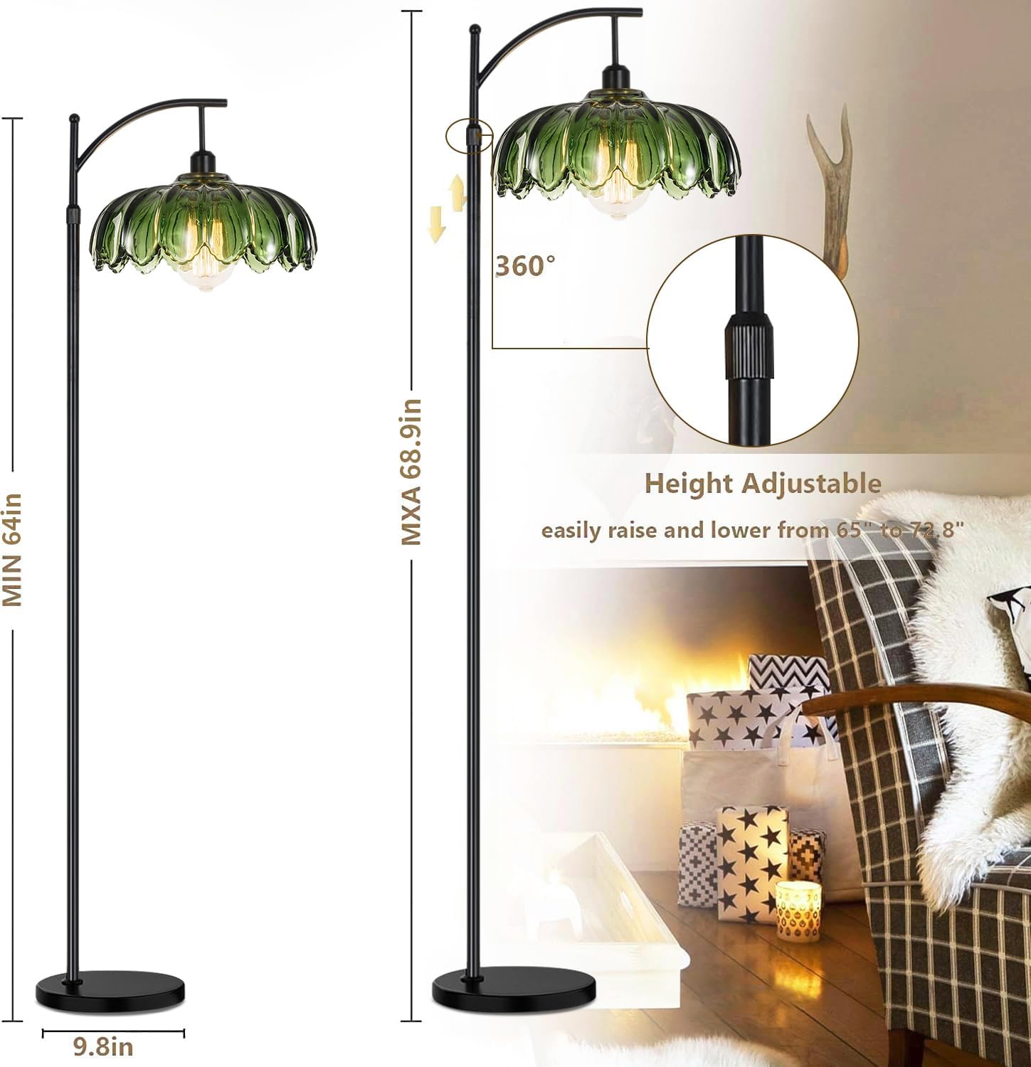 QIYIZM Glass Floor Lamp for Living Room, Bedroom, Gold Dimmable Standing Lamp with Remote, Mid Century Modern Brass Tall Lamp Boho Vintage…