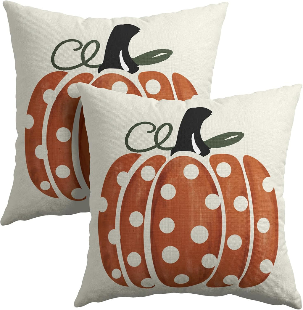 Fall Pumpkin Throw Pillow Cover 18x18 Inch Set of 2 Autumn Orange Pumpkin Outdoor Pillow Cases Polka Dot Beige Thanksgiving Farmhouse…