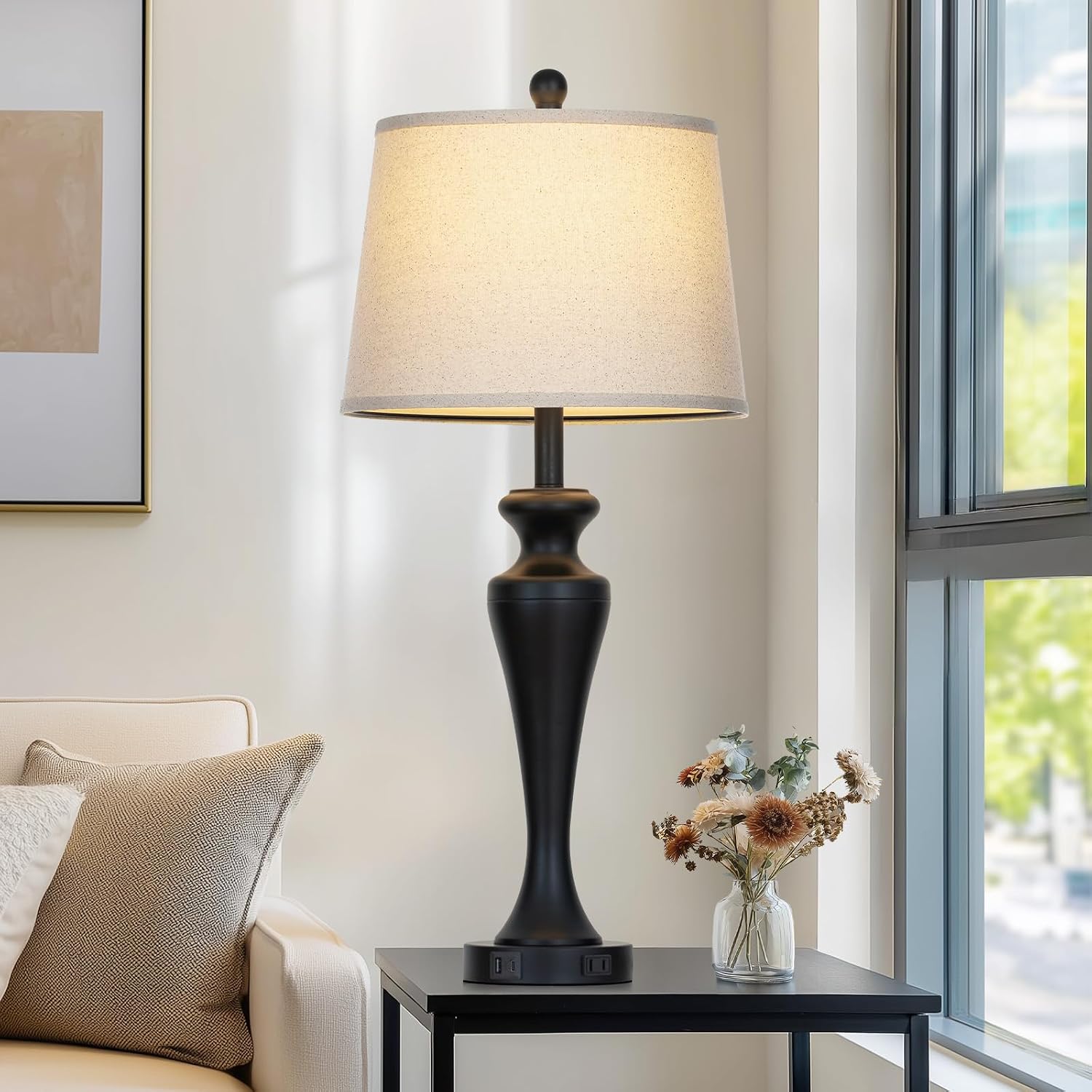 Ruzectt 30" Table Lamp Single, 3-Way Dimmable Touch Bedside Lamp with USB A+C Ports and AC Outlet, Tall Living Room Lamps for Side Table…