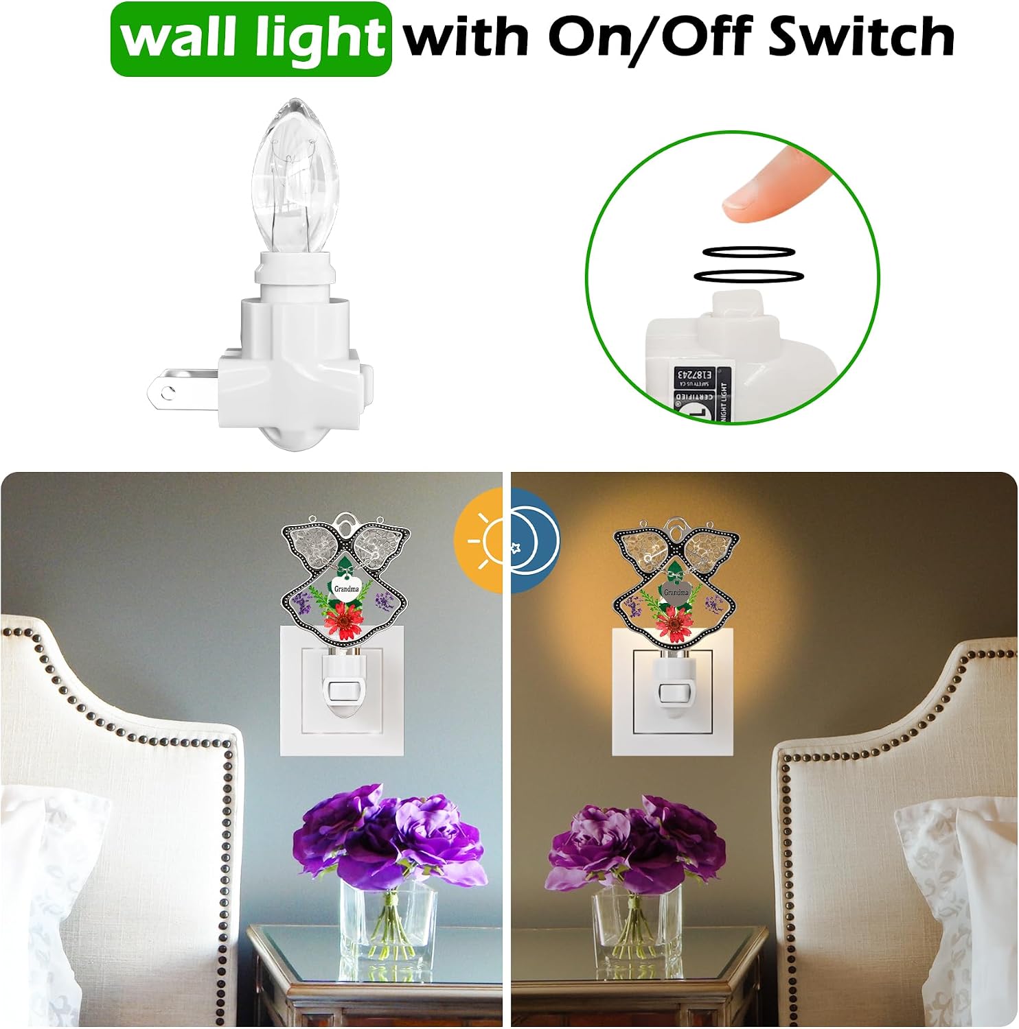 KY&BOSAM Night Light Grandma Stained Glass Angel Night Lights Plug Into Wall with Real Flower in Glass and Metal Charm Night Light for…