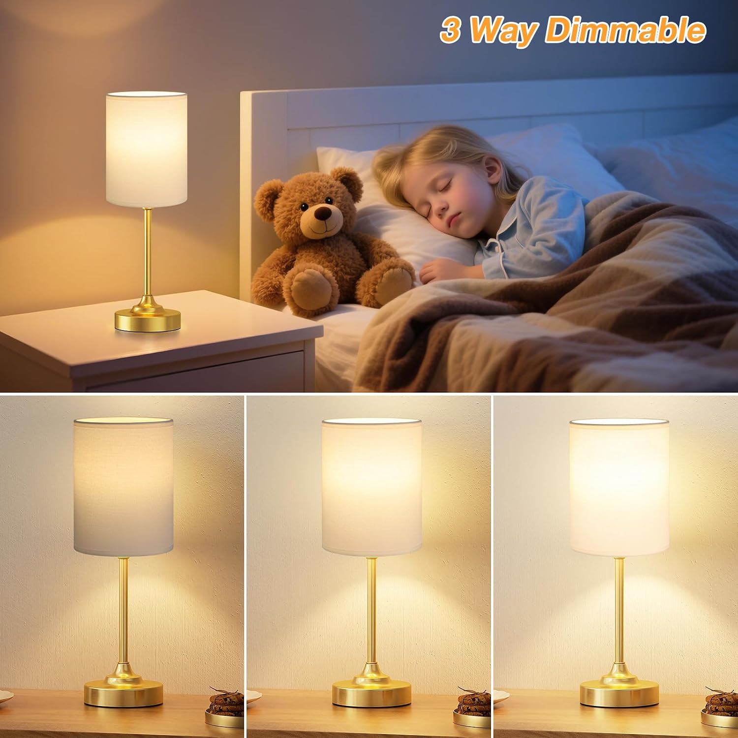 Dicoool Touch Bedside Table Lamps for Bedroom - 3 Way Dimmable Gold Nightstand Lamp, Small Desk Lamp for Office, Living Room, Dorm Room…