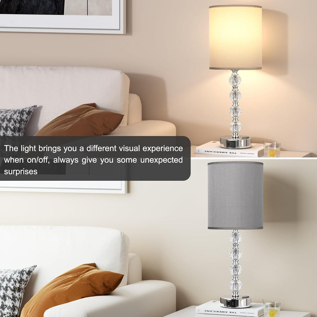 Touch Bedside Crystal Lamps for Bedrooms Nightstand with USB C+A Charging Port and AC Outlet White, 3 Way Dimmable Silver Large End Side…