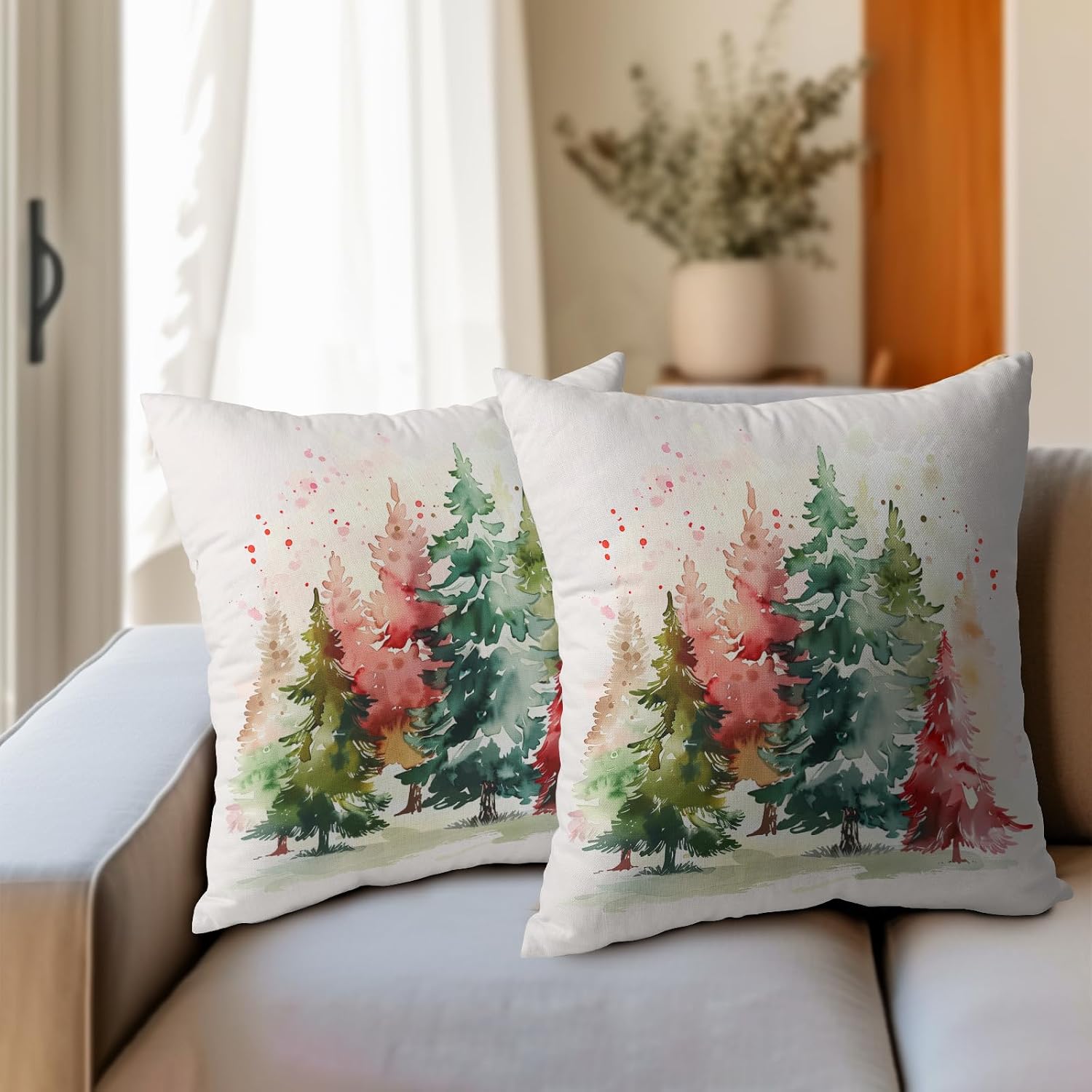 Granbey Christmas Tree Outdoor Throw Pillow Cover 16x16 Inch Set of 2 Winter Colorful Pine Tree Cushion Covers Xmas Holiday Theme Accent Pi…