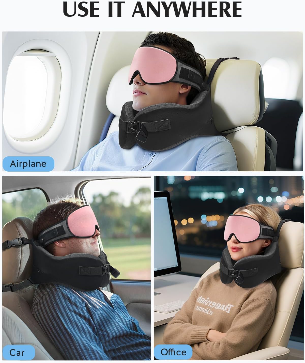 YFONG Travel Pillow for Long Flight Airplanes, Head Strap Combo with 3D Contoured Eye Mask for Sleep, Neck Pillow for Car Trip Essential…
