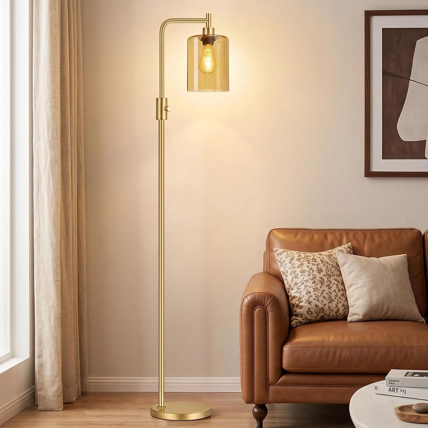 Upgraded】Gold Dimmable Floor Lamp for Living Room with Amber Glass Lampshade, Glass Modern Floor Lamp with 900LM Bulb Included, Bright…
