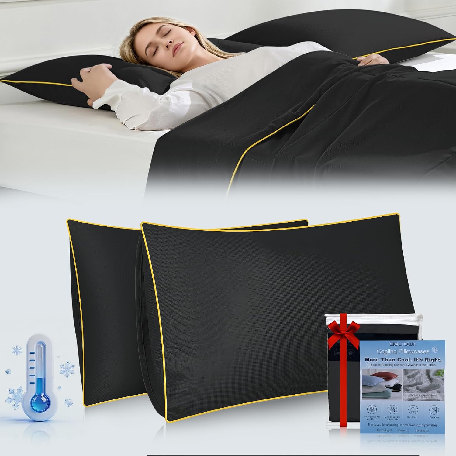 Cieltown Cooling Pillow Cases for Hot-Sleepers: Q-Max ≥0.4 Nylon Spandex Cool-to-Touch for Night Sweats - Waffle Weave for Dry & Com…