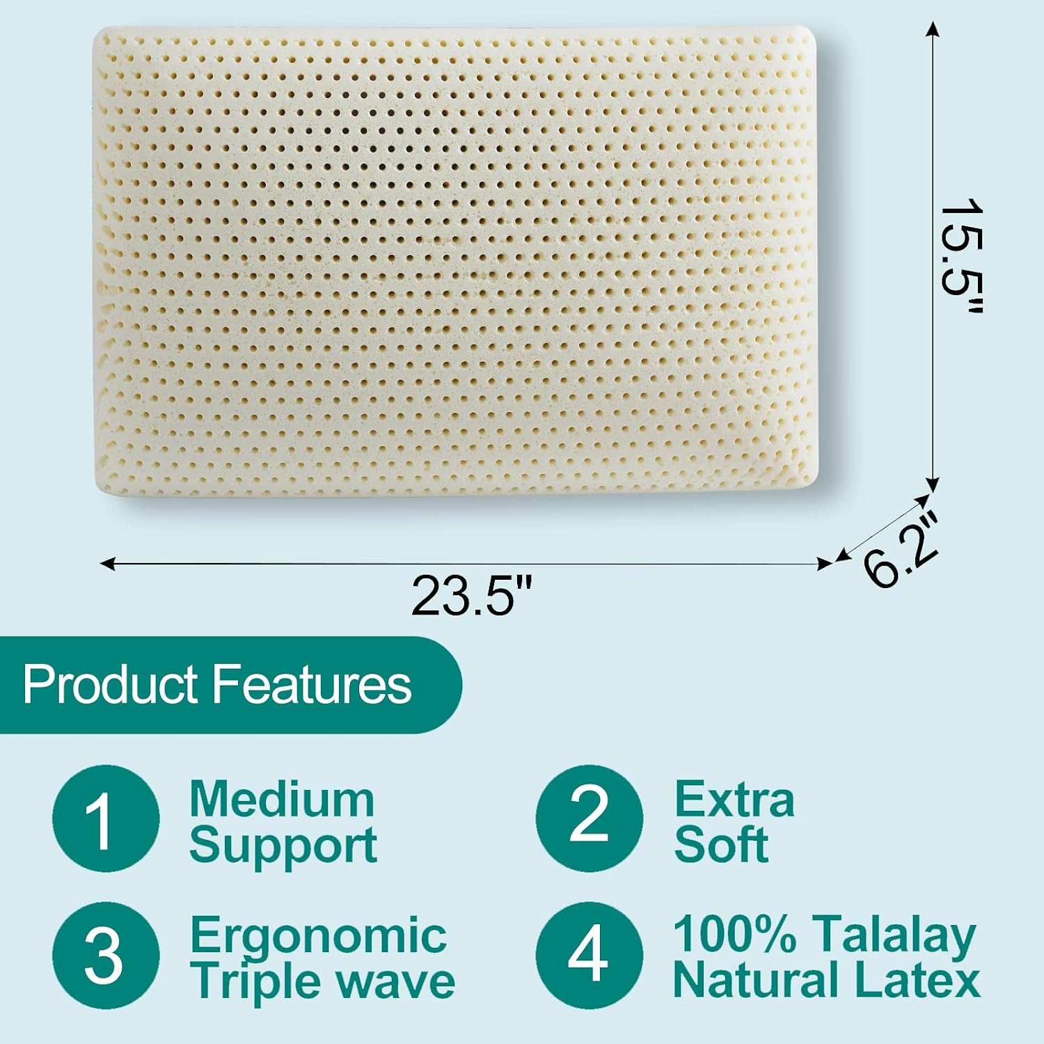 Kiss Dream Talalay Latex Pillow, Medium Firm Support for Neck and Shoulder, Bread Shaped Cooling Bed Pillow with Cotton Cover, Oeko-TEX Ce…