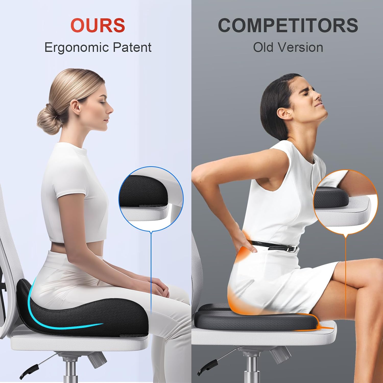 Benazcap Medium Large Memory Seat Cushion for Office Chair Ergonomic Cushions Pad Pillow for Pressure Relief Sciatica & Memory Foam for Lon…