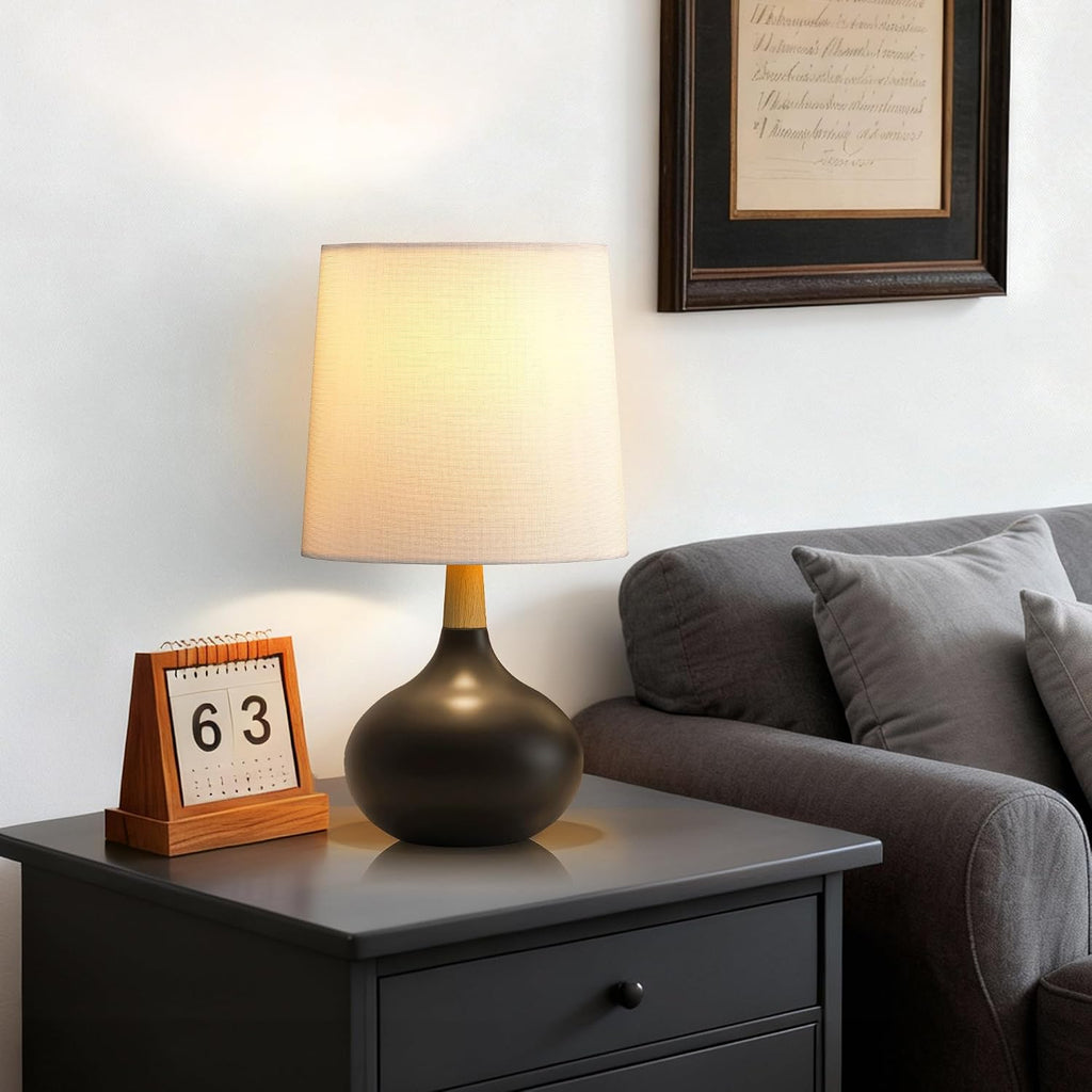Hightry 14" Ceramic Table Lamp Set of 2 with Natural Wood Stem & Linen Shade for Bedroom Decor, Modern Farmhouse Small Bedside Lamp for Nigh…