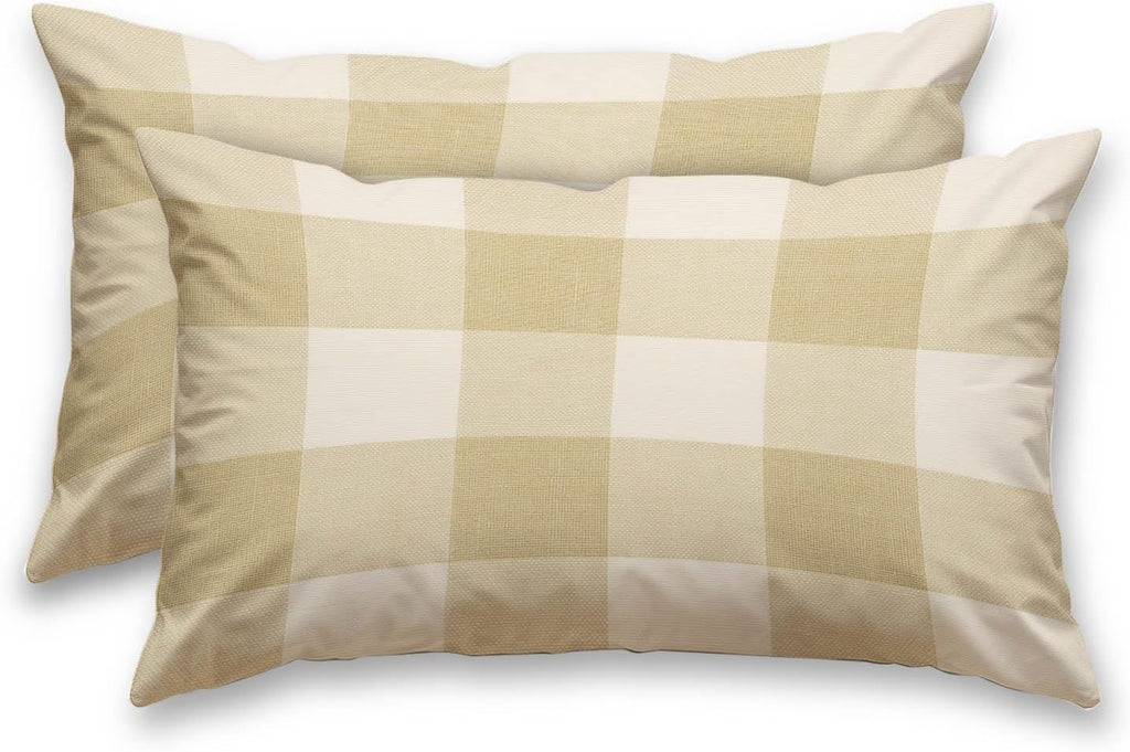 HOMETITUTE Plaid Pillow Covers Decorative Pack of 2 Satin 12x20 Inch Neutral Beige Buffalo Plaid Art Lumbar Throw Pillow Cases for Sofa…
