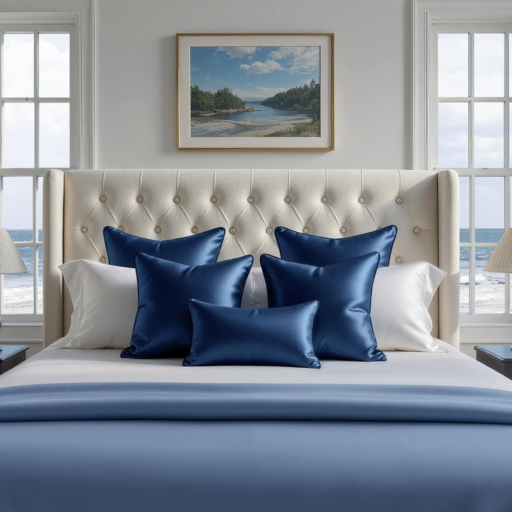 Homeideas Navy Blue Decorative Throw Pillow Covers 18x18 Set of 2, Glossy Faux Silk Pillow Covers for Couch Sofa Bed Decor Luxury Summer Eu…