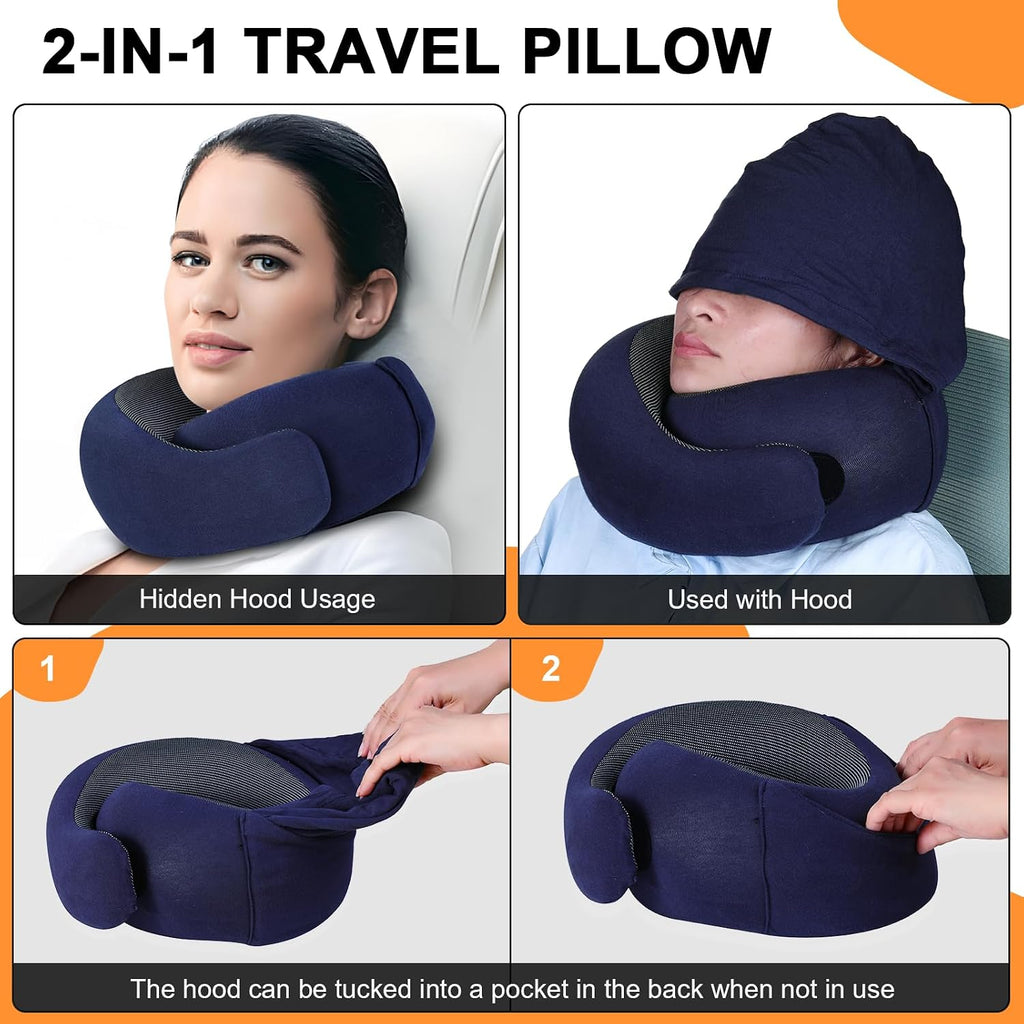 Vzpeun Travel Pillow - Hooded Neck Pillow Airplane Memory Foam Filling for Plane, Office, Cars Sleeping, Road Trip, Long Flights, Airplane…