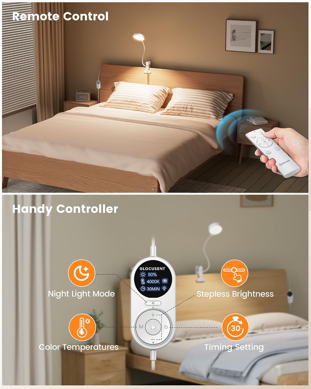 Glocusent 72 LED Clip on Lamp with Remote, Reading Light with Amber Ring, 3 Colors & 5 Dimmable Bed Lamp, 30/60-Min Auto Off Timer, Clamp…