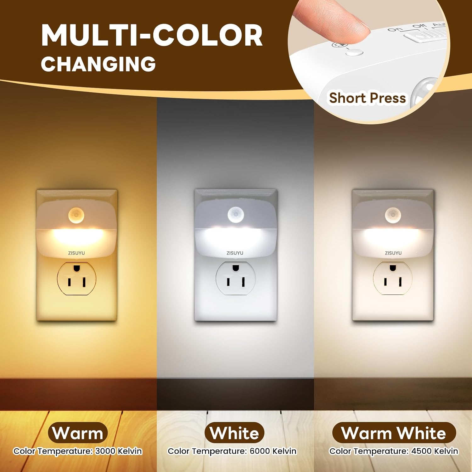 ZISUYU Plug-in LED Night Light with Motion Sensor, 10-60lm Dimmable Nightlight with Multi-Mode & Color-Changing, Ideal for Bedroom…