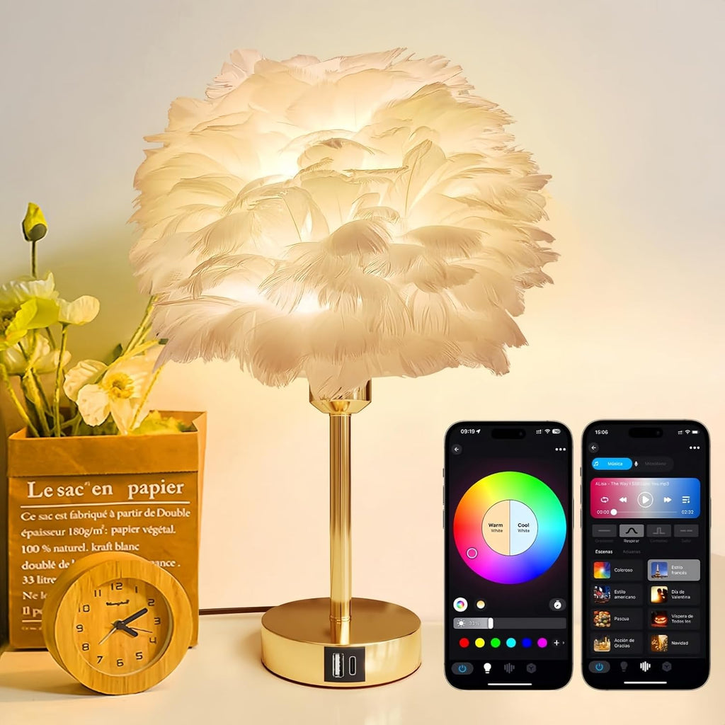 Smart Touch Control Bedside Table Feather Lamp Night Light with USB Charging for Girl, Baby, Alexa Voice Compatible, 9W 800LM Dimmable…