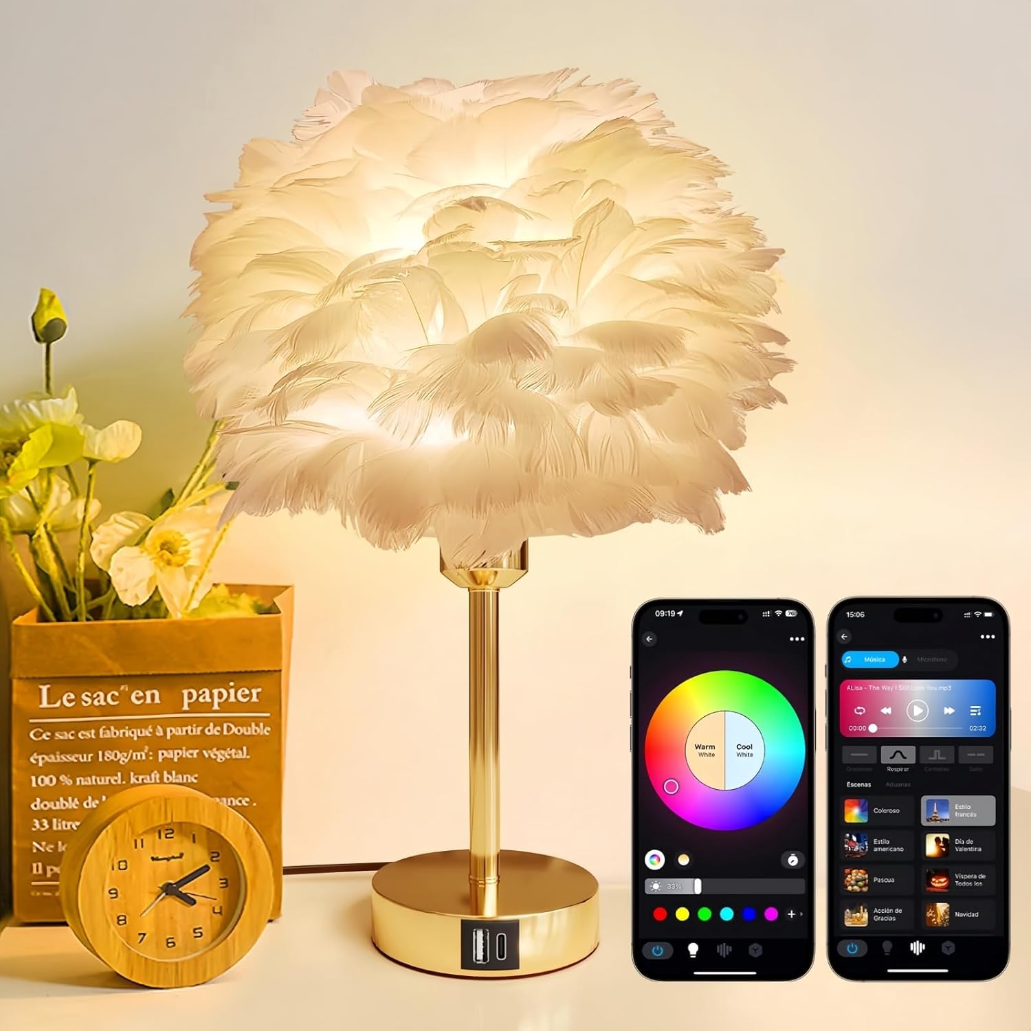 Smart Touch Control Bedside Table Feather Lamp Night Light with USB Charging for Girl, Baby, Alexa Voice Compatible, 9W 800LM Dimmable…