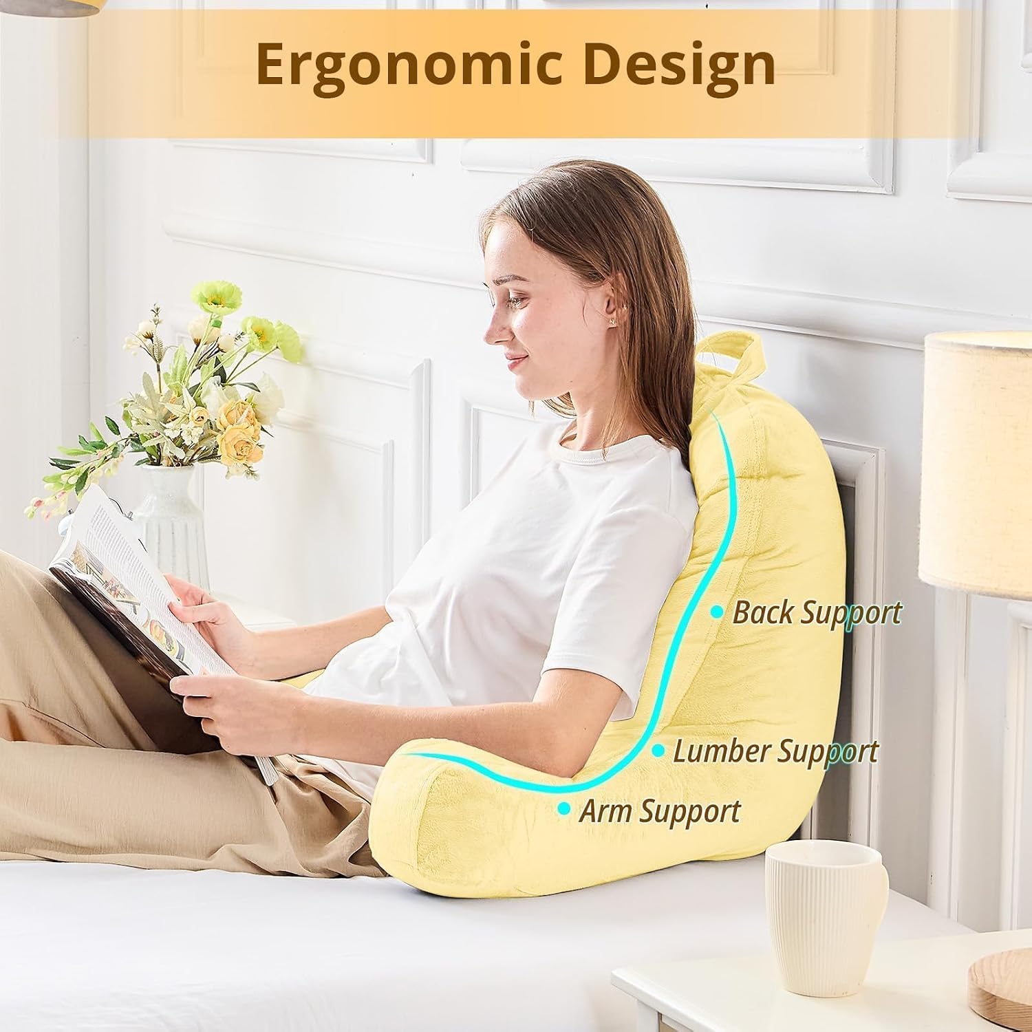 Sasttie Reading Pillow, Velvet Back Pillow for Bed Sitting Up, Adult Back-Rest Support Cushion with Arms for Sit Up on Couch, Sofa, and…