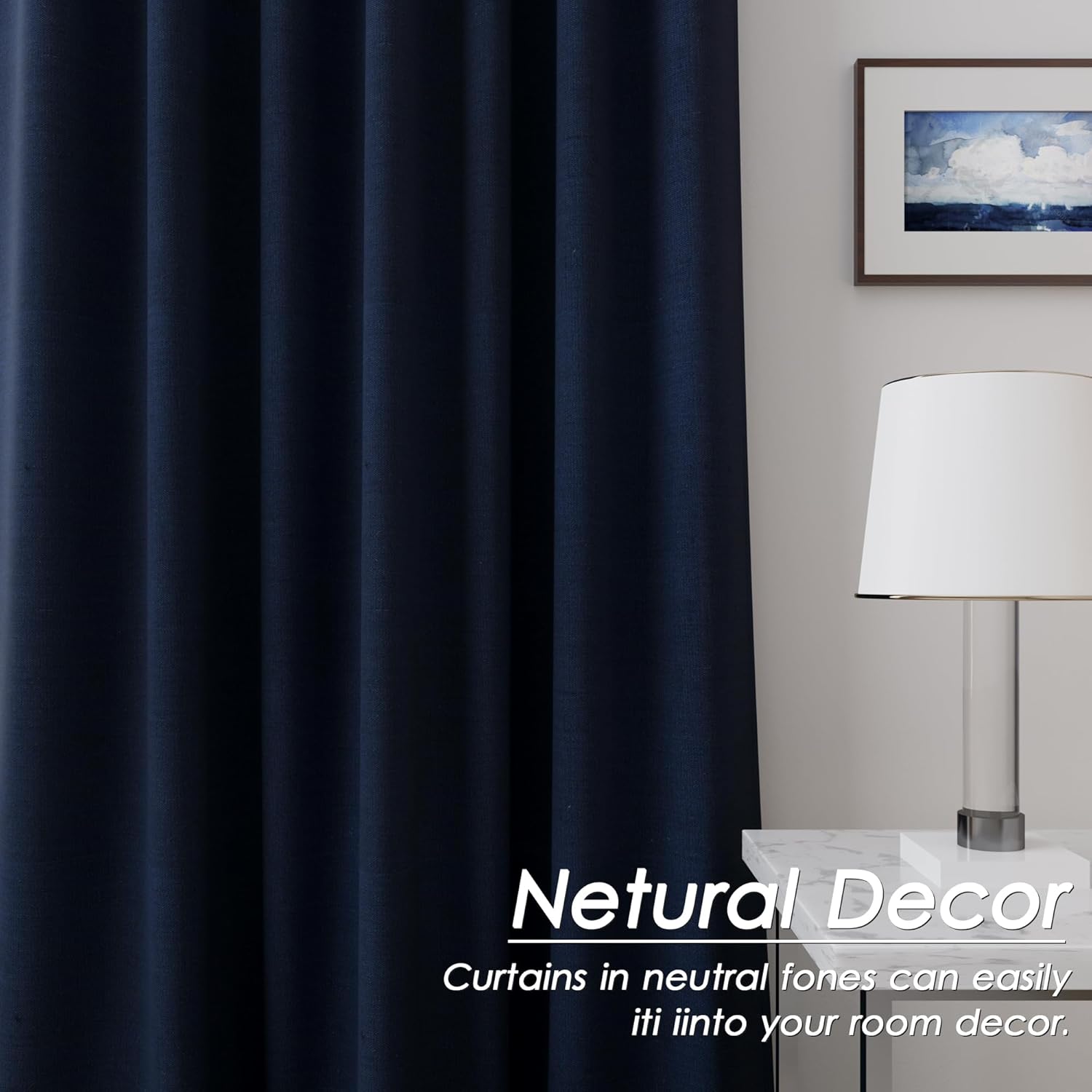 Nanspring Navy Blue 100% Blackout Linen Curtains 63 Inch Length for Bedroom Back Tab Thermal Insulated Modern Luxury Nautical Decor Black O…