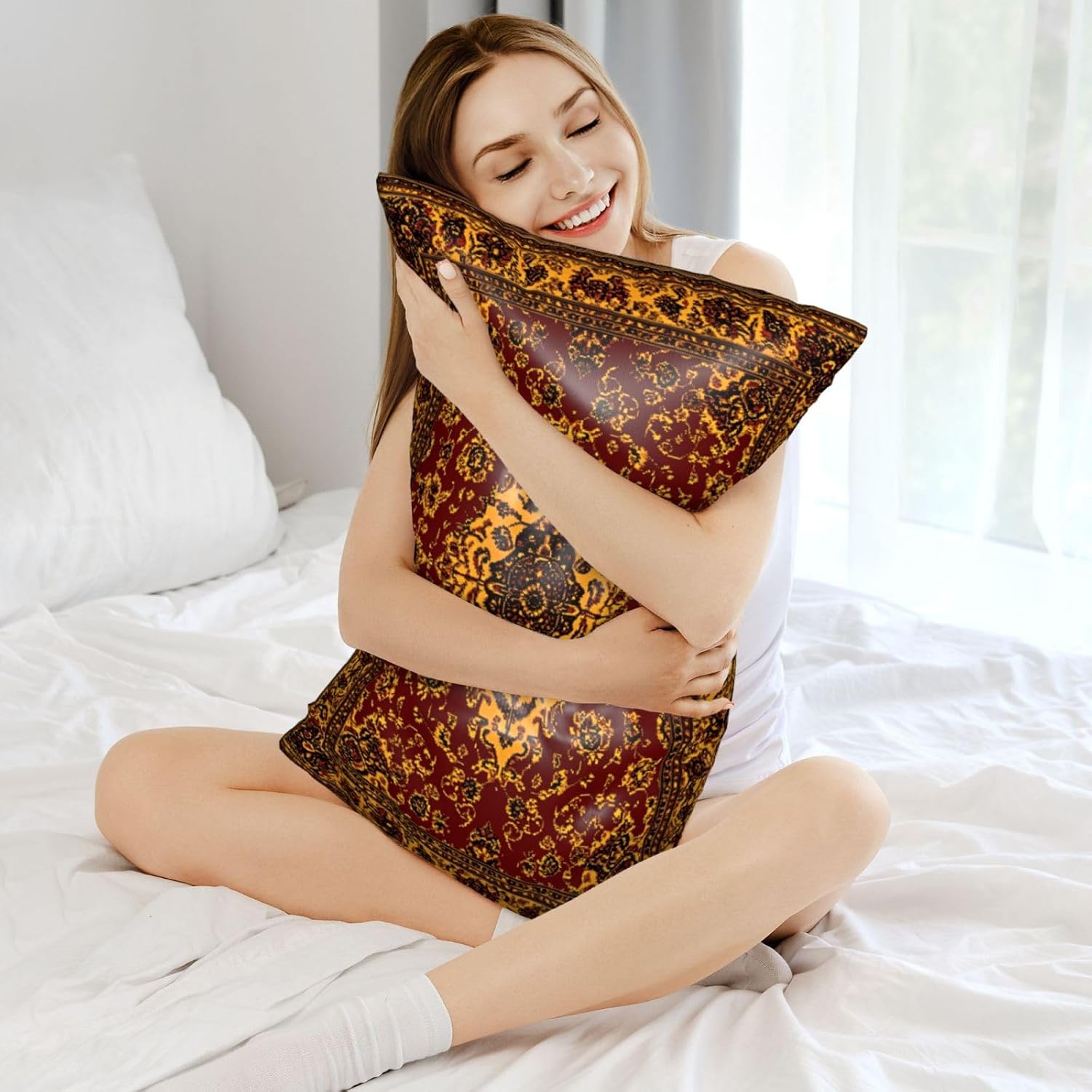 Imitation Silk Pillowcase for Hair and Skin Boho Retro Dark Red Golden Carpet 1 Pack Satin Queen Pillowcase with Hidden Zipper Cooling…
