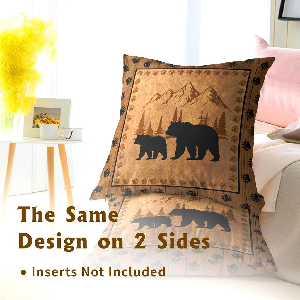 Bear Throw Pillow Covers 18x18 Inch Set of 2 Retro Brown Mountain Decorative Pillowcase Rustic Cabin Bear Hunting Animal Paw Prints…