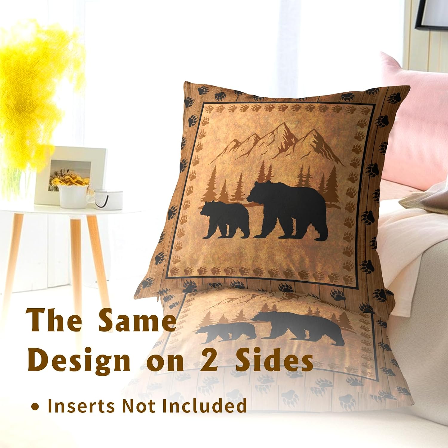 Bear Throw Pillow Covers 18x18 Inch Set of 2 Retro Brown Mountain Decorative Pillowcase Rustic Cabin Bear Hunting Animal Paw Prints…