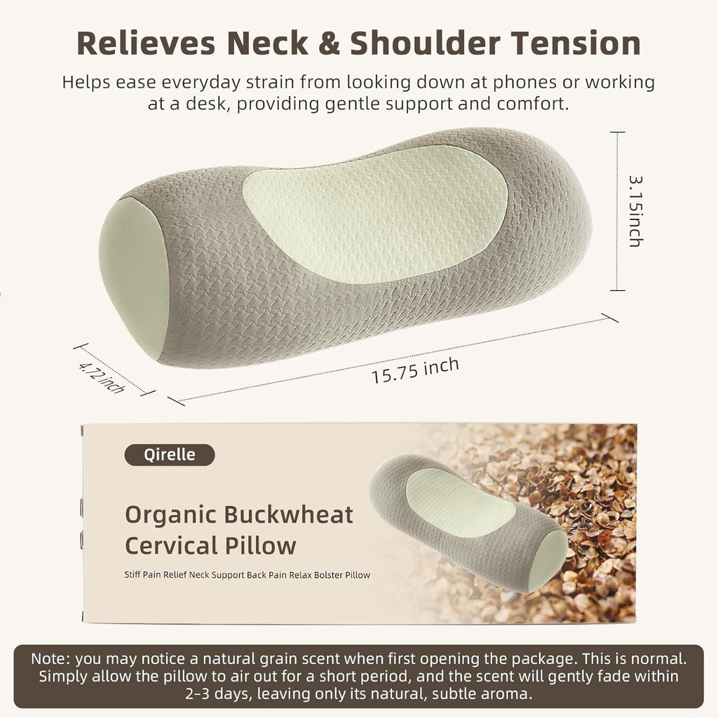Qirelle Organic Buckwheat Cervical Neck Pillow, Adjustable Neck Roll for Sleeping, Ergonomic Neck Support Bolster for Side & Back Sl…