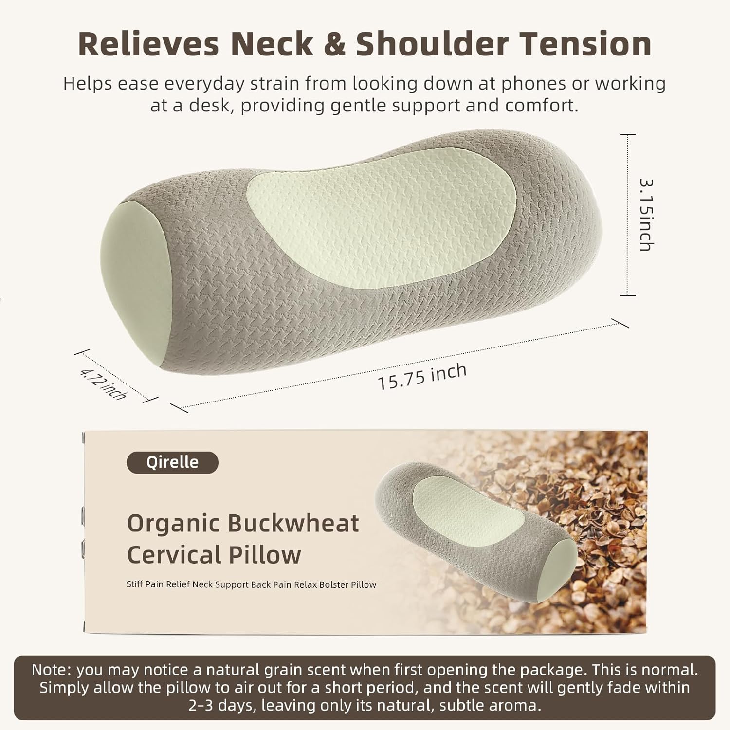 Qirelle Organic Buckwheat Cervical Neck Pillow, Adjustable Neck Roll for Sleeping, Ergonomic Neck Support Bolster for Side & Back Sl…