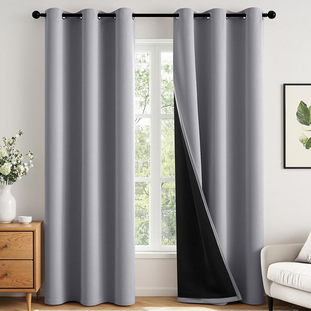 Miulee Light Grey 100% Blackout Curtains for Bedroom 96 Inch Long, 2 Layers Thermal Insulated Black Out Window Curtains with Black Liner, N…