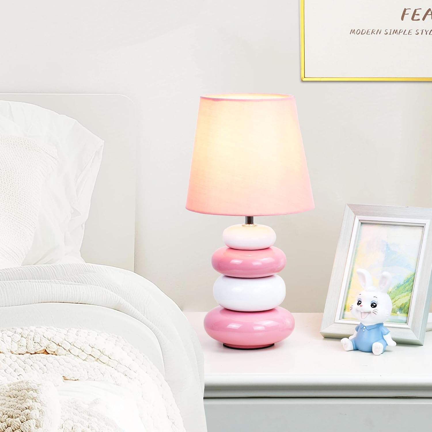 Ange Pink Small Table Lamp for Living Room as Bedside Table Lamp for Bedroom, Modern Ceramic Kids Night Table Lamp, Φ6.5×H12.44IN, Bulb…