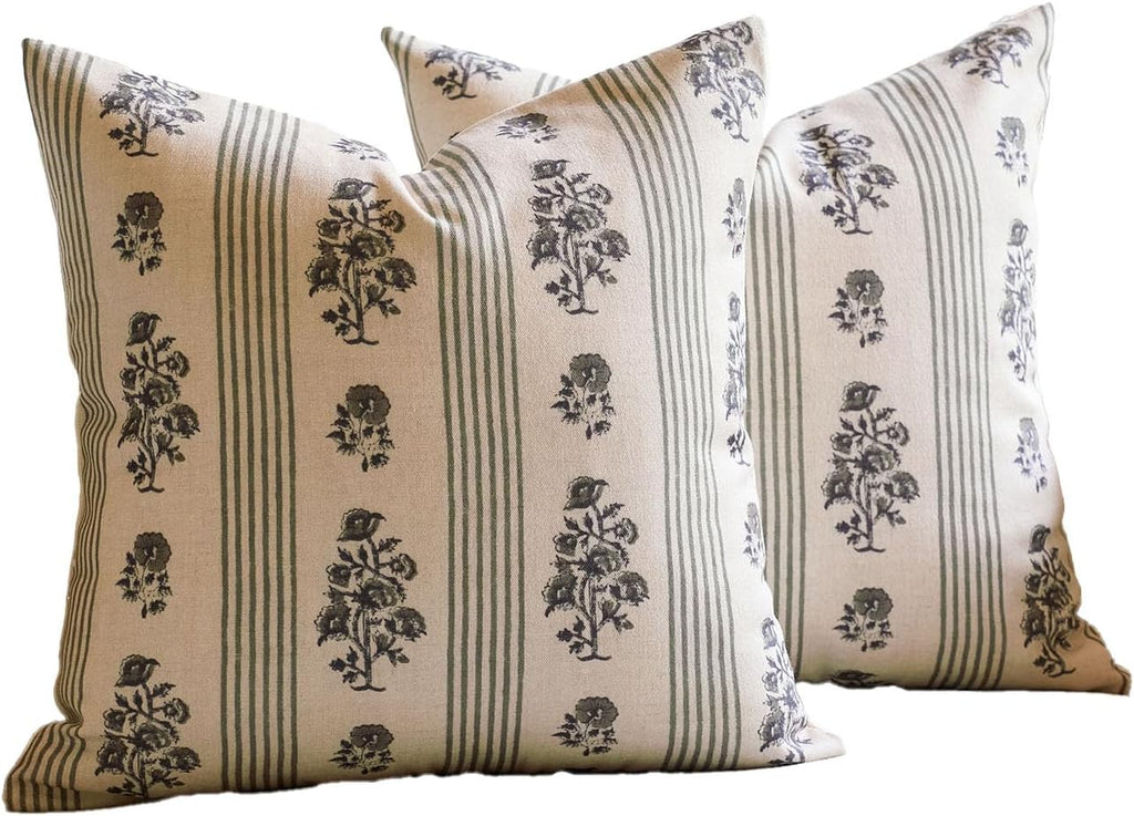 AffordableFloralPrintMaker Amor Virisso Floral Throw Pillow Covers 20x20 Set of 2 Block Print Pillow Covers Neutral Floral Striped Farmhous…