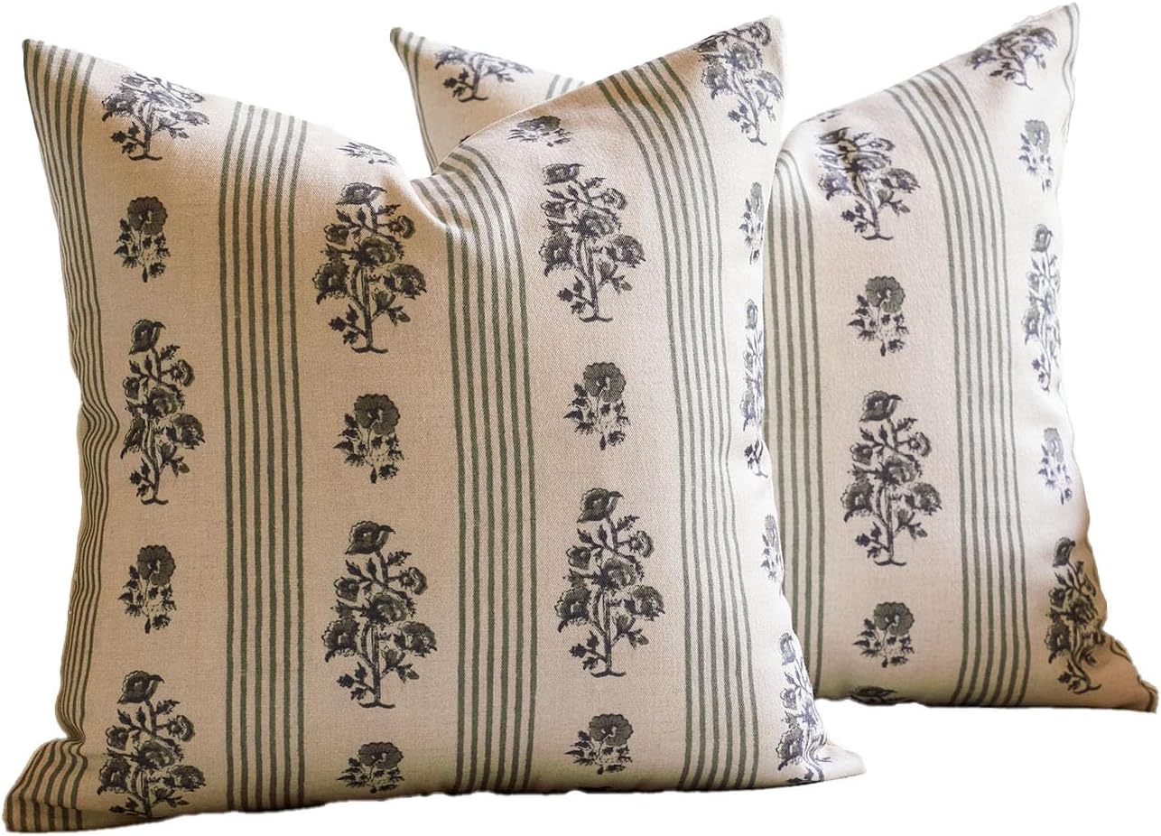 AffordableFloralPrintMaker Amor Virisso Floral Throw Pillow Covers 20x20 Set of 2 Block Print Pillow Covers Neutral Floral Striped Farmhous…