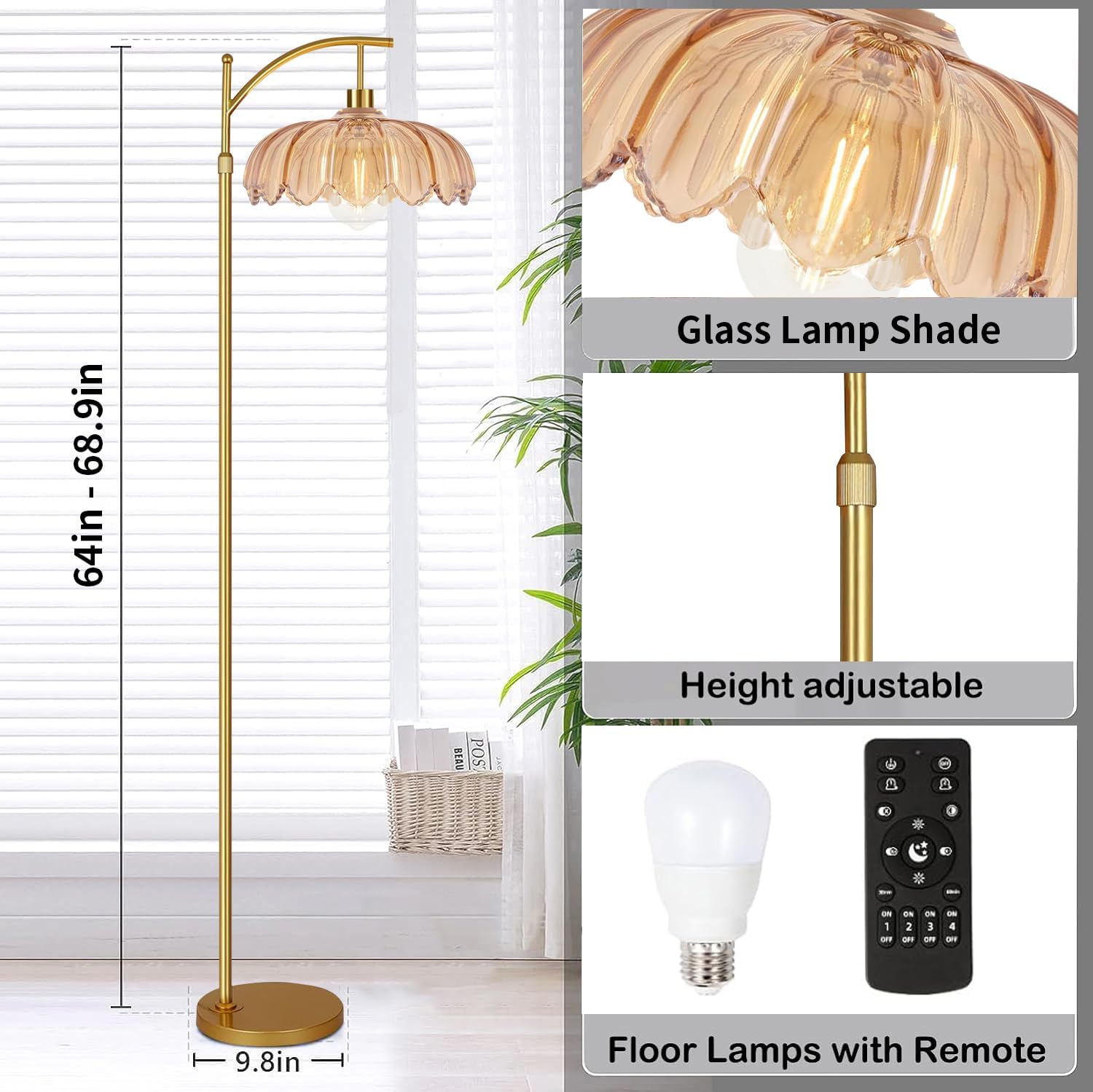 QIYIZM Glass Floor Lamp for Living Room, Bedroom, Gold Dimmable Standing Lamp with Remote, Mid Century Modern Brass Tall Lamp Boho Floor…