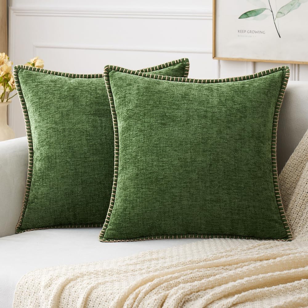 Miulee Pack of 2 Euro Sham Pillow Covers 26x26 Inch Moss Green Farmhouse Decorative Throw Pillow Covers with Stitched Edge Soft Chenille Pi…