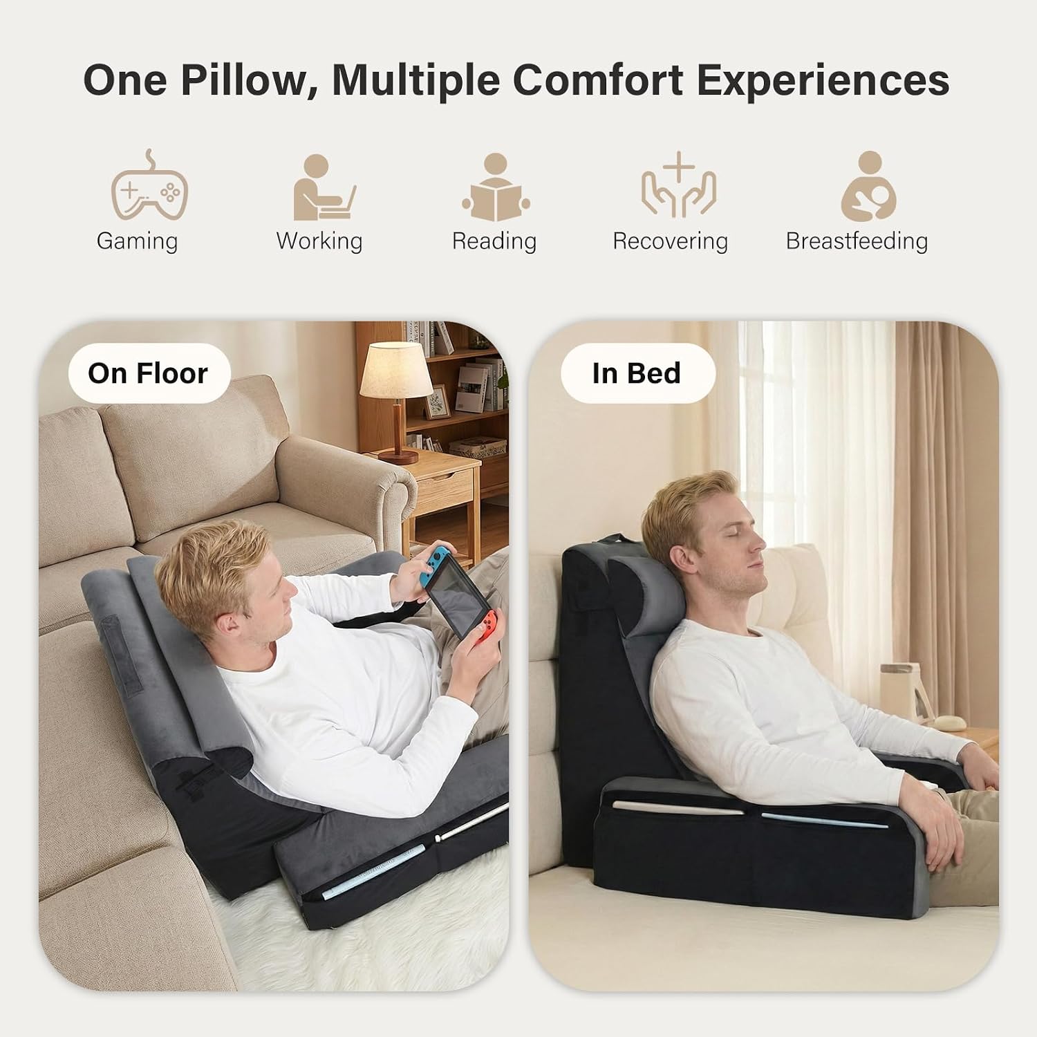 Vekkia 25" Extra-Large Reading Pillow for Tall Adults – 60° Ergonomic Wedge Back Pillow with Built-in Armrests, Adjustable Headrest &…