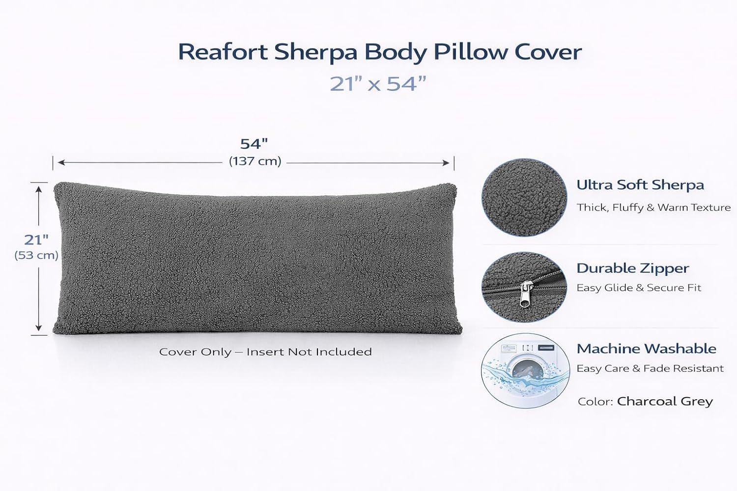 Reafort Sherpa Body Pillow Cover 21" x 54", Plush Fleece Long Body Pillowcase with Zipper Closure, Ultra Soft Fluffy Cozy Decorative…
