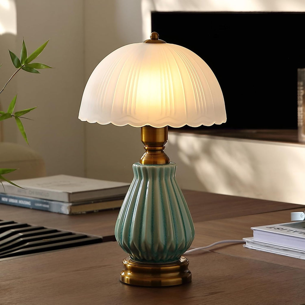 Glivpny Vintage Table Lamp for Living Room,16" Mid Century Modern Ceramic Lamps for Bedroom, Retro Bedside Nightstand Mushroom Glass…