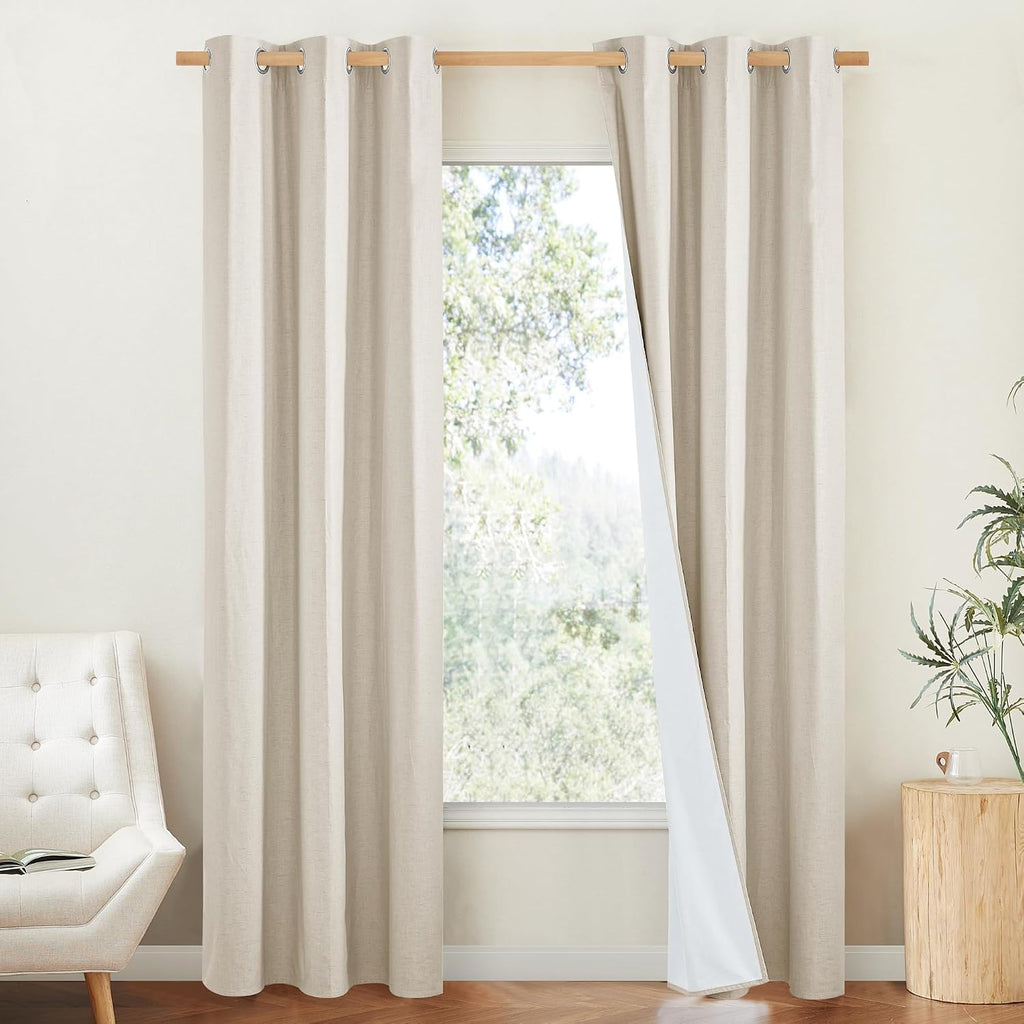 NICETOWN 100% Blackout Room Warming Linen Texture Curtains 84 inches Long, Beige, 2 Panels, Thermal Insulated Full Blackout 2-Layer Lined…
