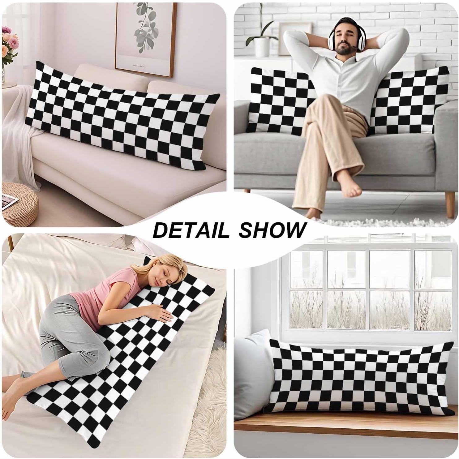Checkerboard Rectangle Body Pillow Covers Checkered Black White 20"X54" Couch Body Pillow Pillowcase Decorative Home Body Pillows Bed…