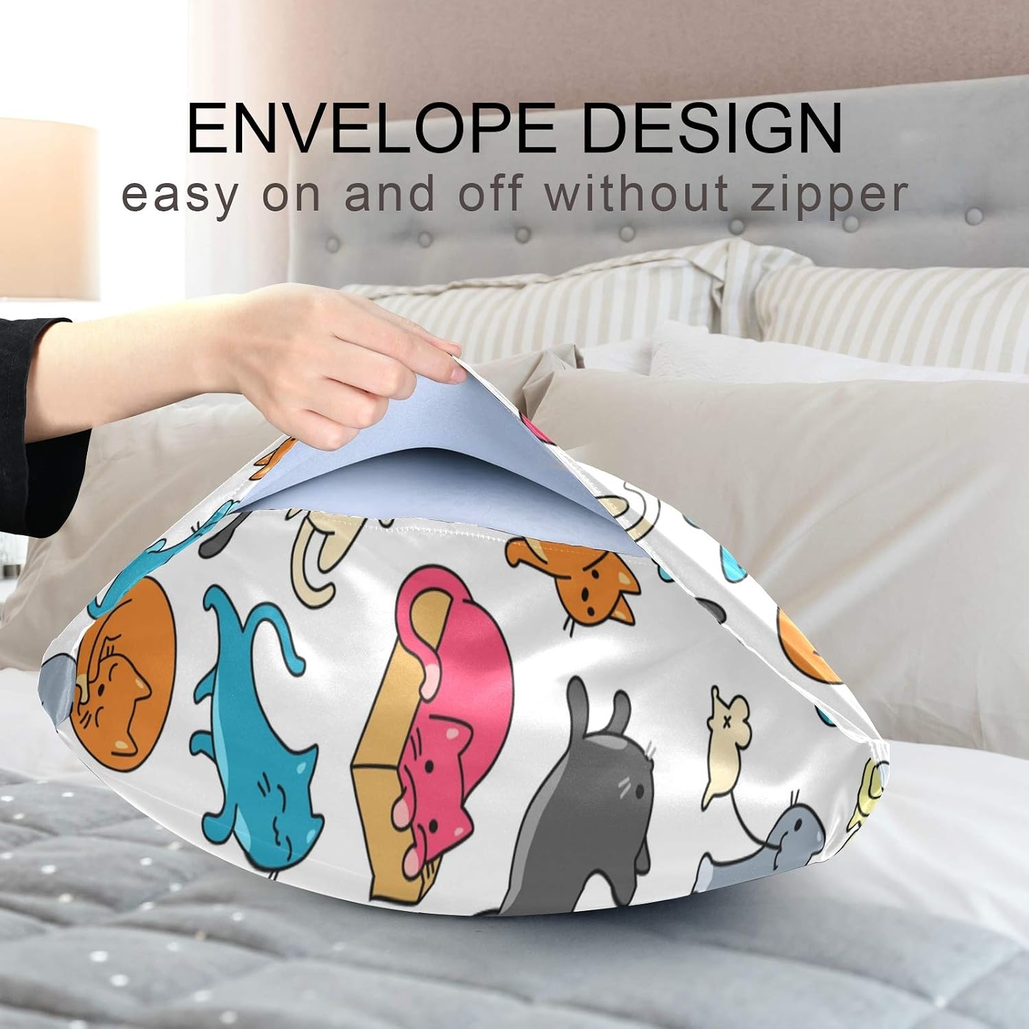 Blueangle Color Cartoon Cat Satin Pillowcase for Hair and Skin Silk Pillowcase, Standard Size(20x26 inches) - Satin Pillow Covers with…