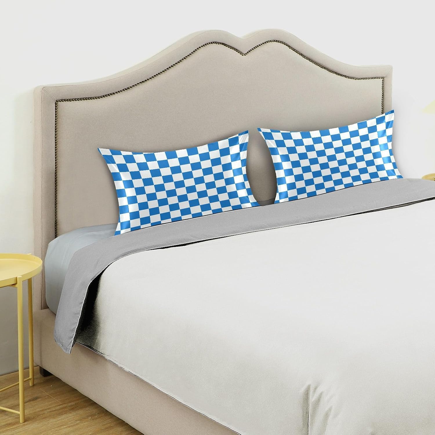 Checkerboard White Blue Plaid Print Pillow Covers Silk Pillowcase for Hair and Skin Breathable Smooth Soft Satin Pillowcase King Size…