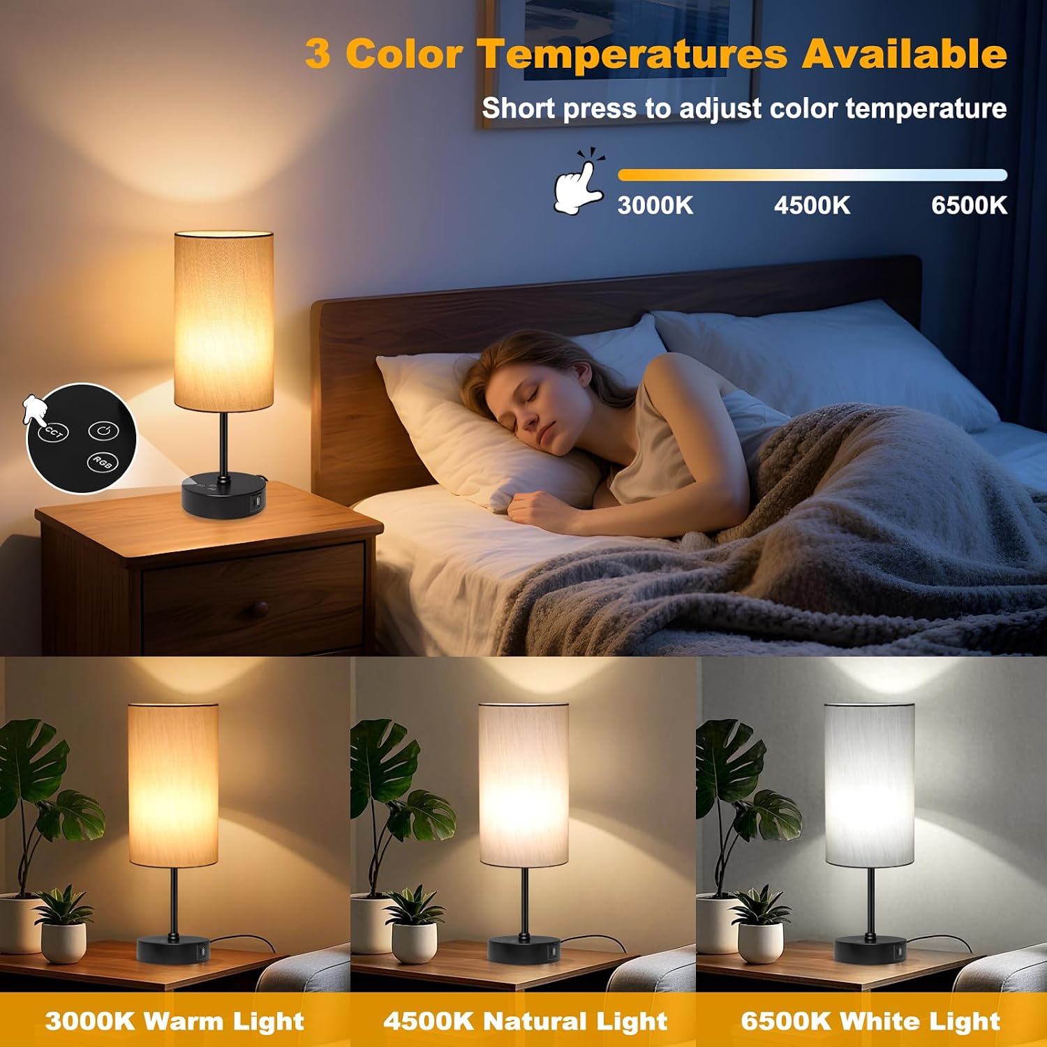 Unicozin Table Lamp for Bedroom, 3 Color Temperatures, 7 RGB Colors, Adjustable Brightness, Dual USB Charging Ports, Ambience Nightstand…