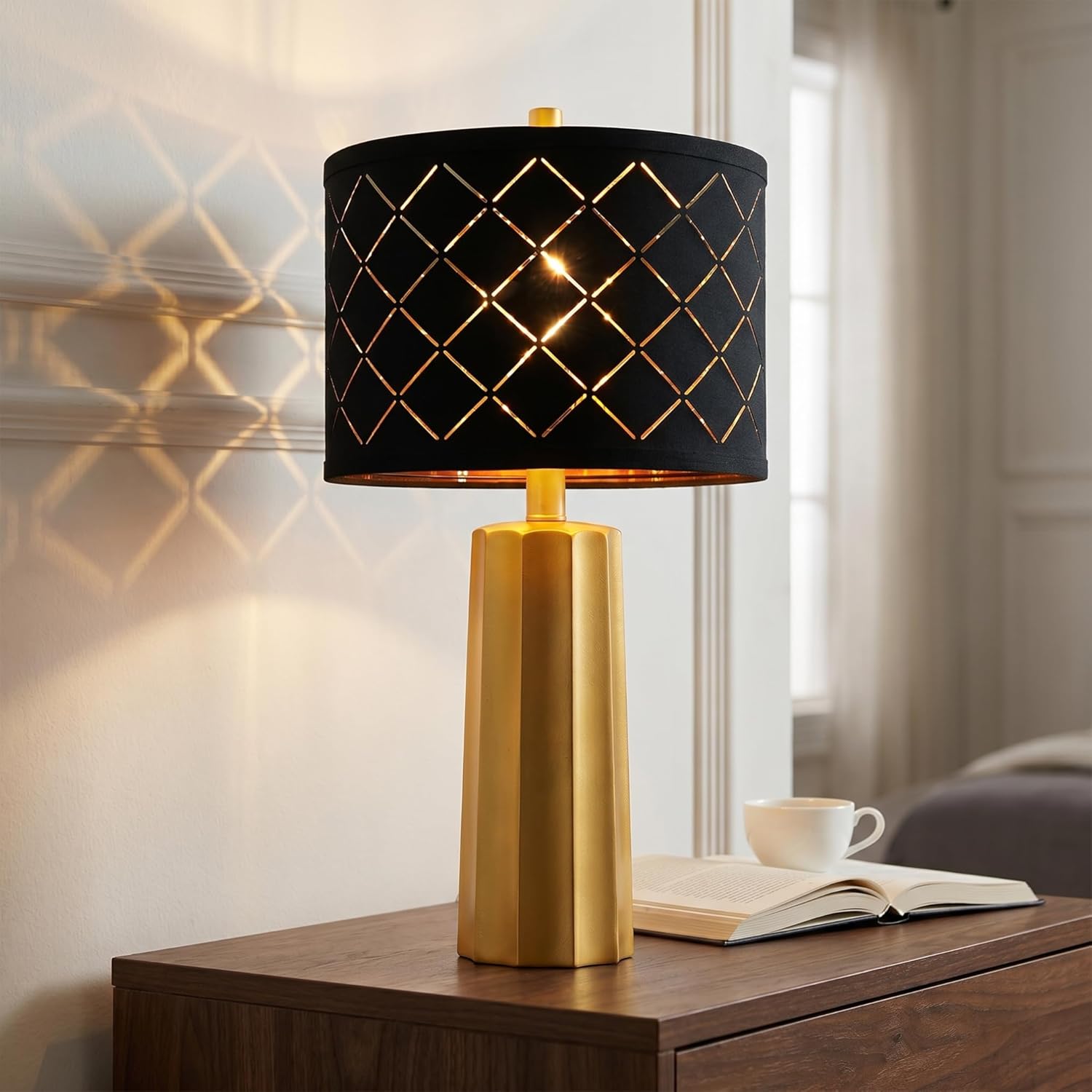 24" Modern Table Lamp for Living Room Bedroom, Gold Nightstand Resin Lamp with Black Grid Shade