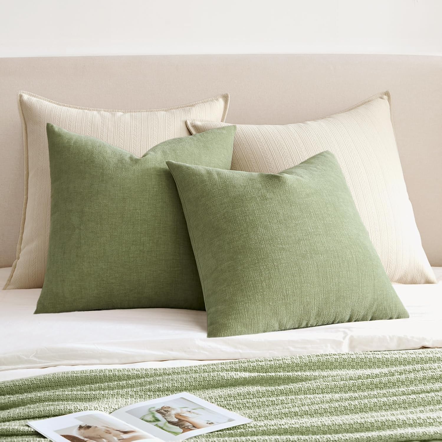 Miulee Sage Green Couch Pillow Covers 16x16 Inch, Set of 2 Soft Spring Chenille Decorative Square Throw Pillow Covers Farmhouse for Sofa Li…