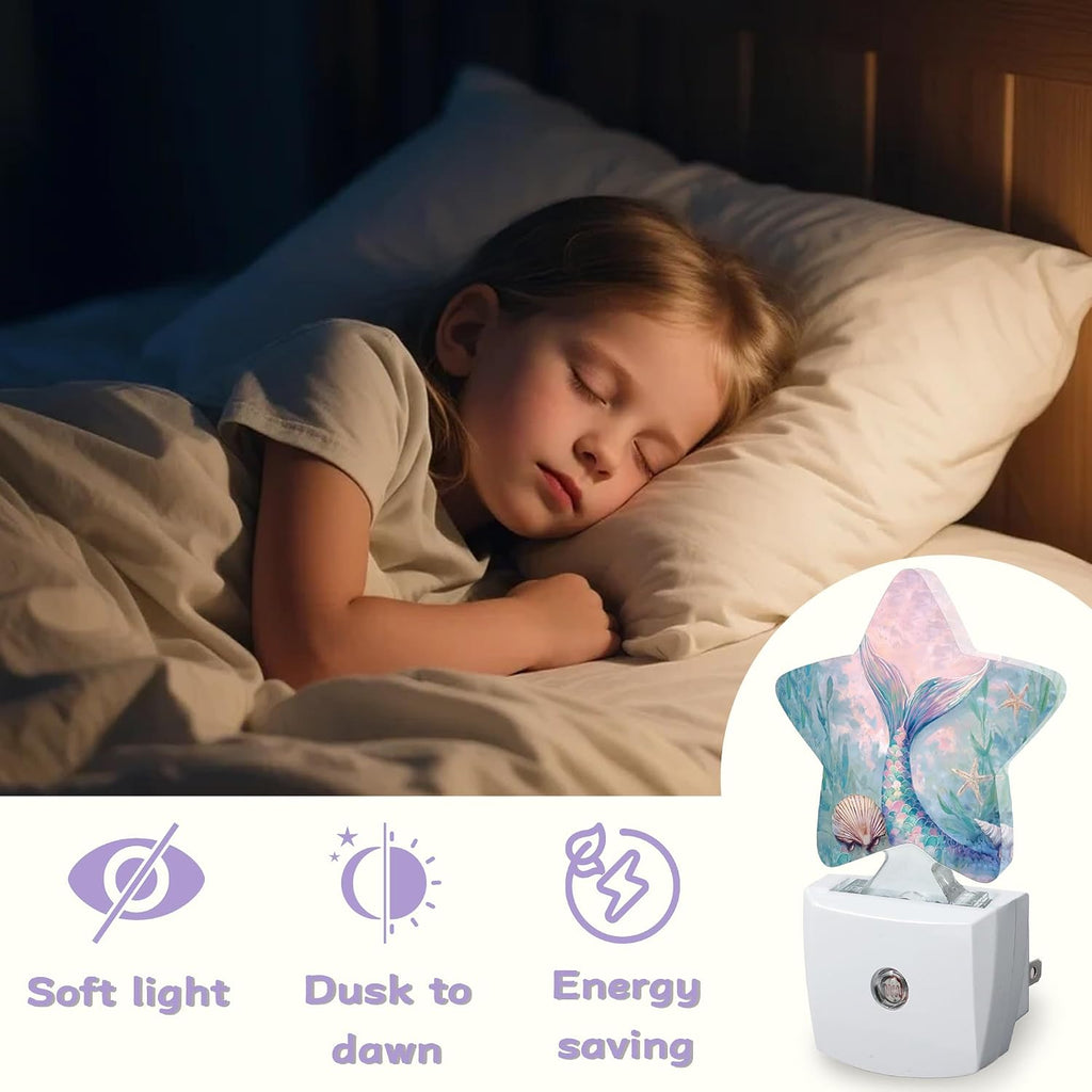 Cute Mermaid Tail Night Lights Plug Into Wall, Seashell Dusk to Dawn Light Sensor Night Light for Kids, Energy Efficient Sleep Friendly…