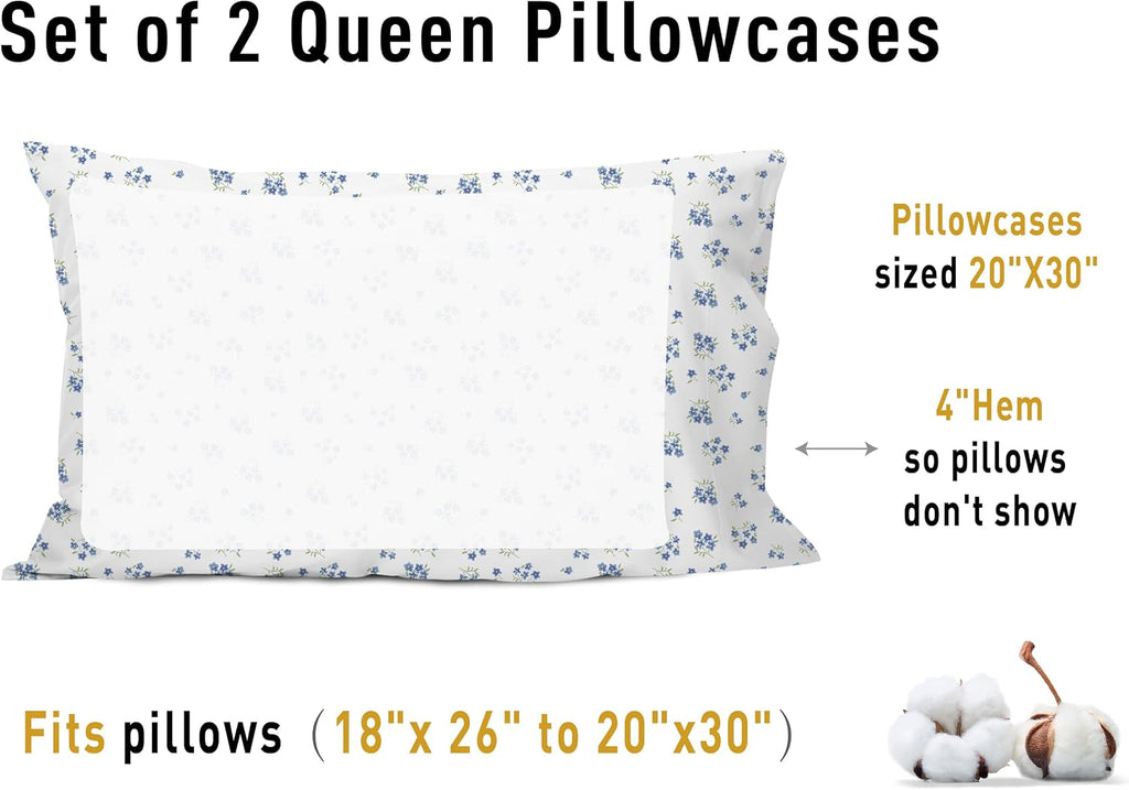 sunflower Queen Pillowcases Set of 2, 100% Cotton Queen Size Pillow Cases 2, 20×30 inches Blue Posy, Soft and Breathable